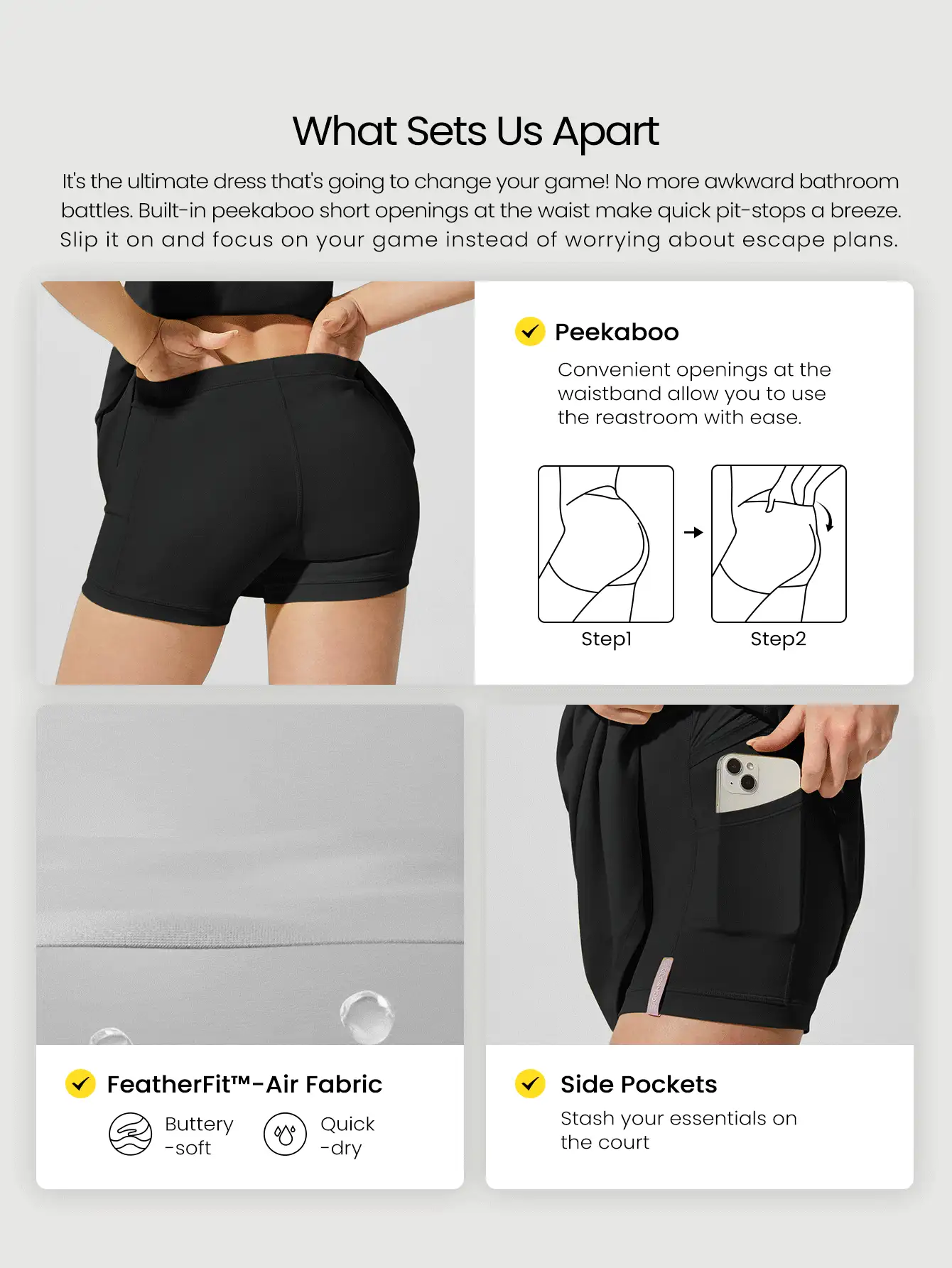 GLOWMODE FeatherFit™-Air No Sweat Peekaboo 内置短裤 侧袋 防滑可拆卸罩杯 可调节宽肩带 运动连衣裙 低冲击瑜伽 普拉提 Barre Studio 日常休闲装 - 黑色 - 查看 4