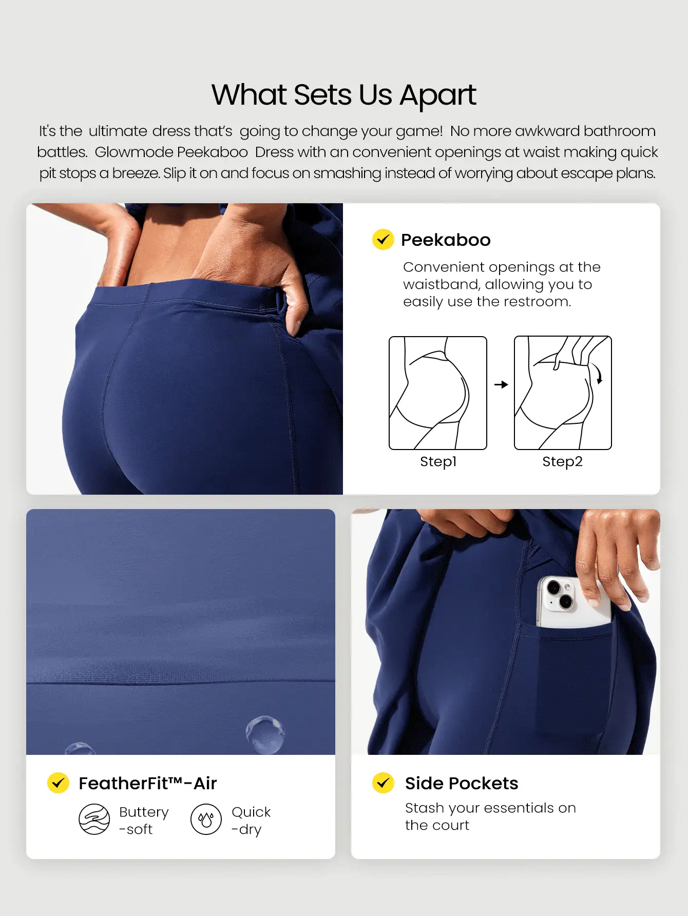 GLOWMODE FeatherFit™-Air Peekaboo Quần đùi mặc hàng ngày có túi chống trượt, hỗ trợ nhẹ, tác động thấp, tập yoga, váy mùa xuân, mùa hè, khô nhanh, thấm hút ẩm - Dark Blue - Xem 3