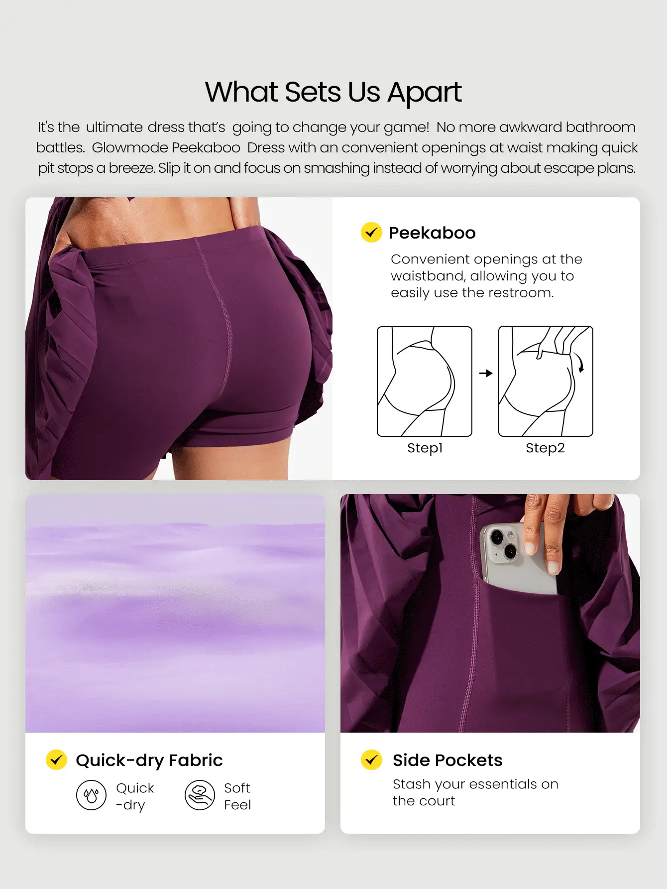 GLOWMODE FeatherFit™-Air Quick-Dry Tennis Built-In Cups Pleated Peekaboo Elasticized Waist Dress With Built-In Shorts Side Pockets Running Workout Gym - Cherry Cola - View 2