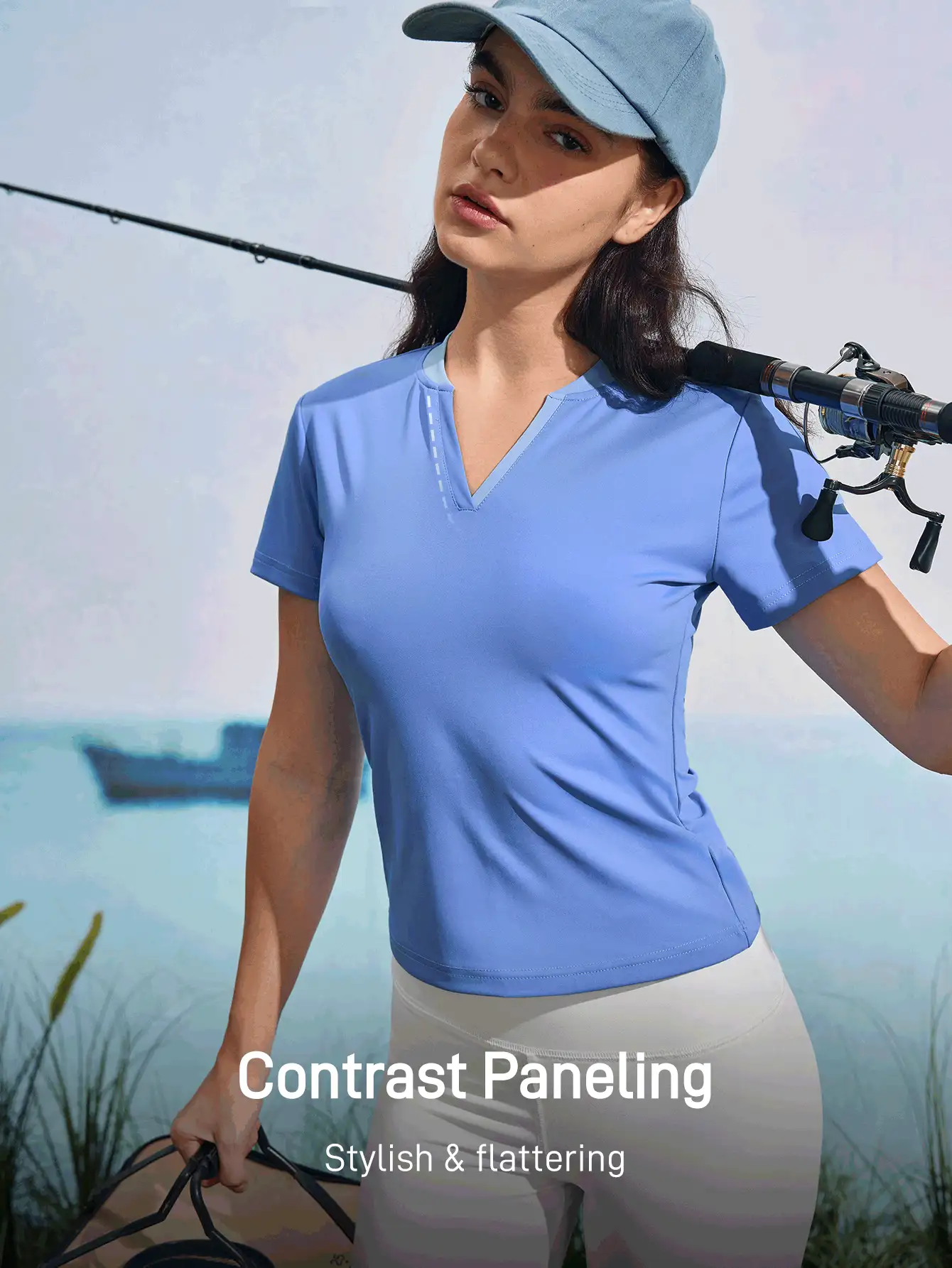 In My Nature 女士纯色V领短袖户外T恤 - 藍色 - 查看 3