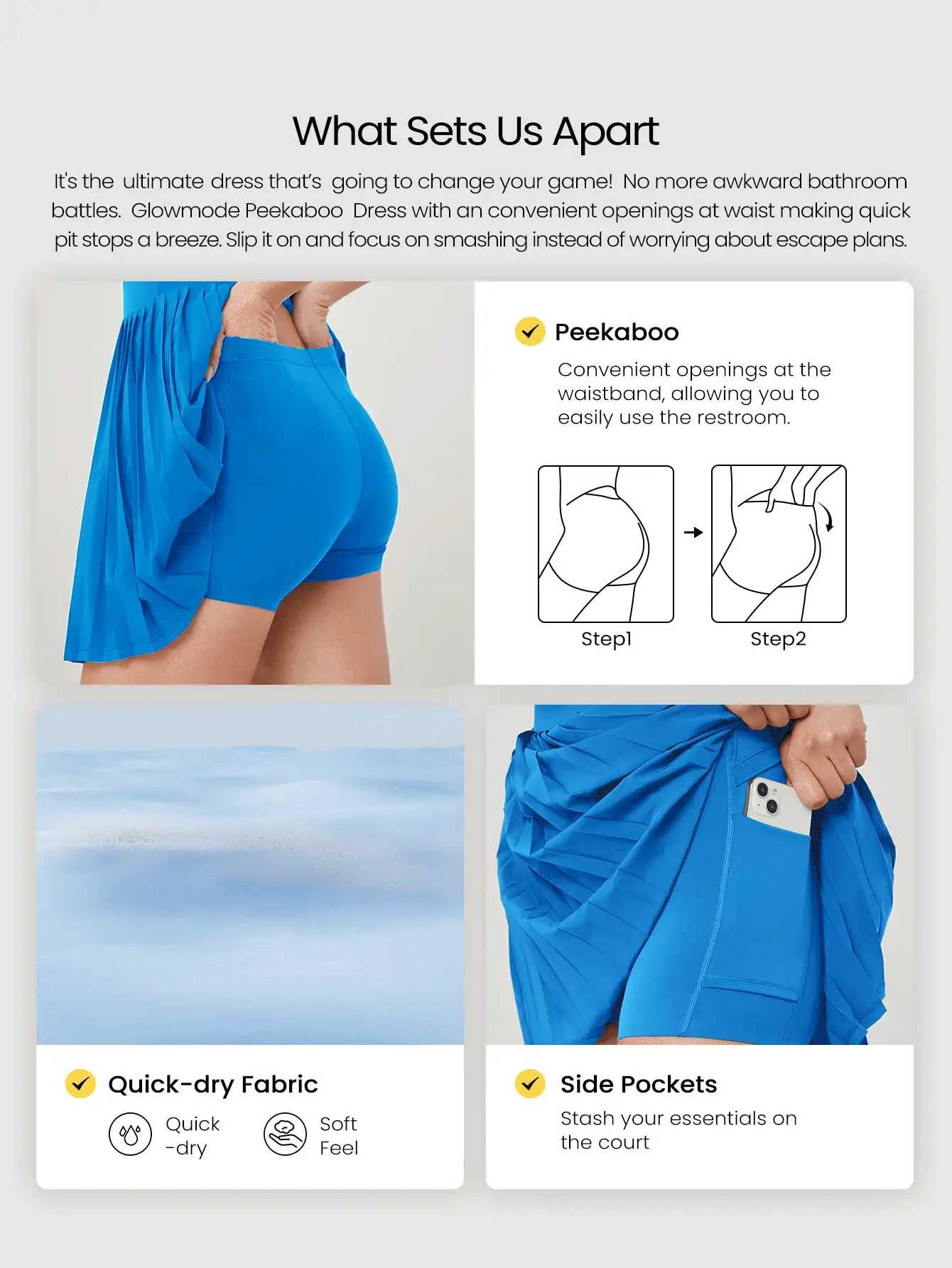 FeatherFit™-Air Quick-Dry Tennis Built-In Cups Pleated Active Cutout Back High Waist Peekaboo Dress Medium Impact With Built-In Shorts Side Pockets Low Impact Running Training Workout Gym