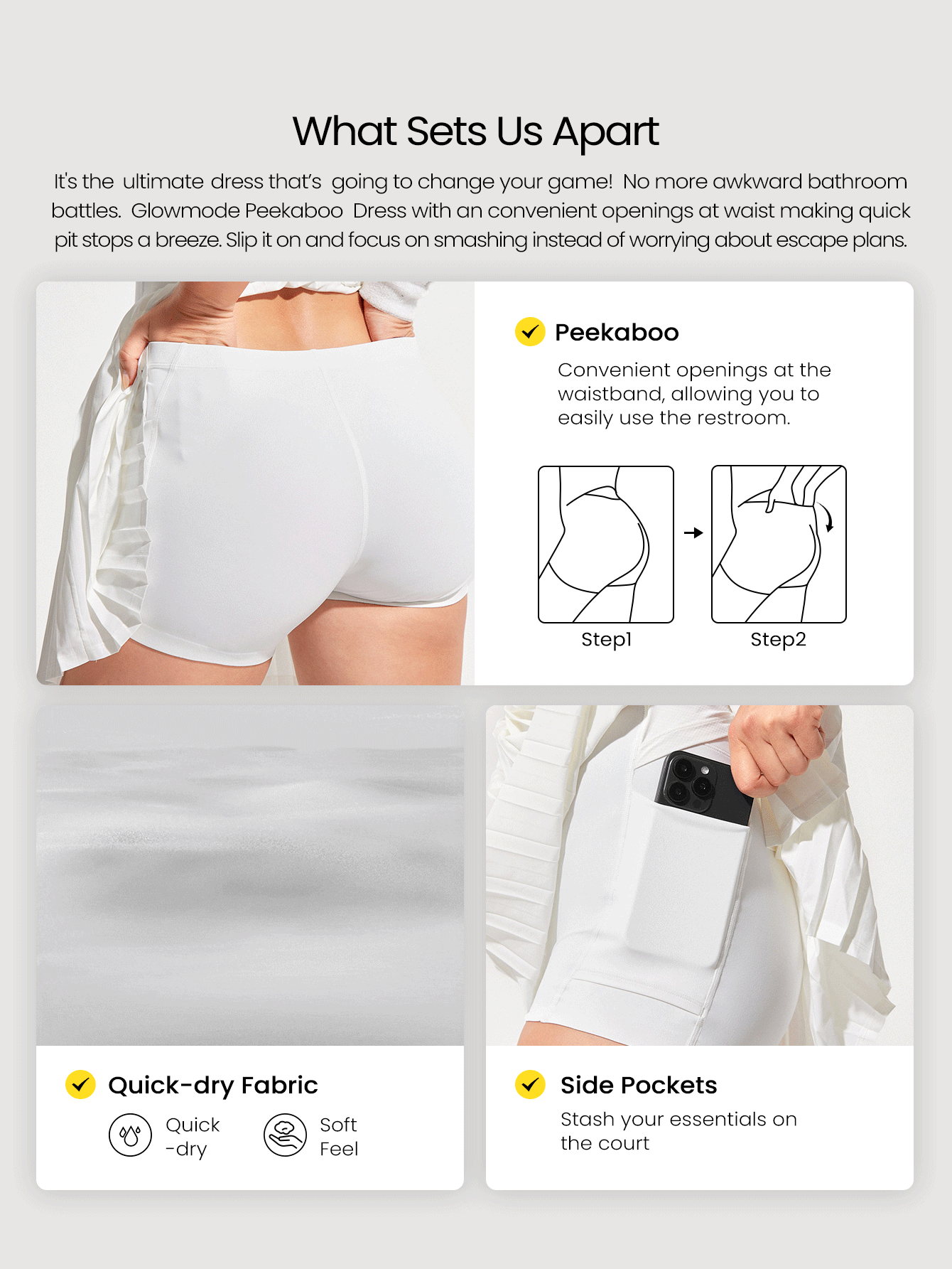 GLOWMODE FeatherFit™-Air Quick-Dry Tennis Built-In Cups Pleated Active Cutout Back High Waist Peekaboo Dress Medium Impact With Built-In Shorts Side Pockets Low Impact Running Training Workout Gym