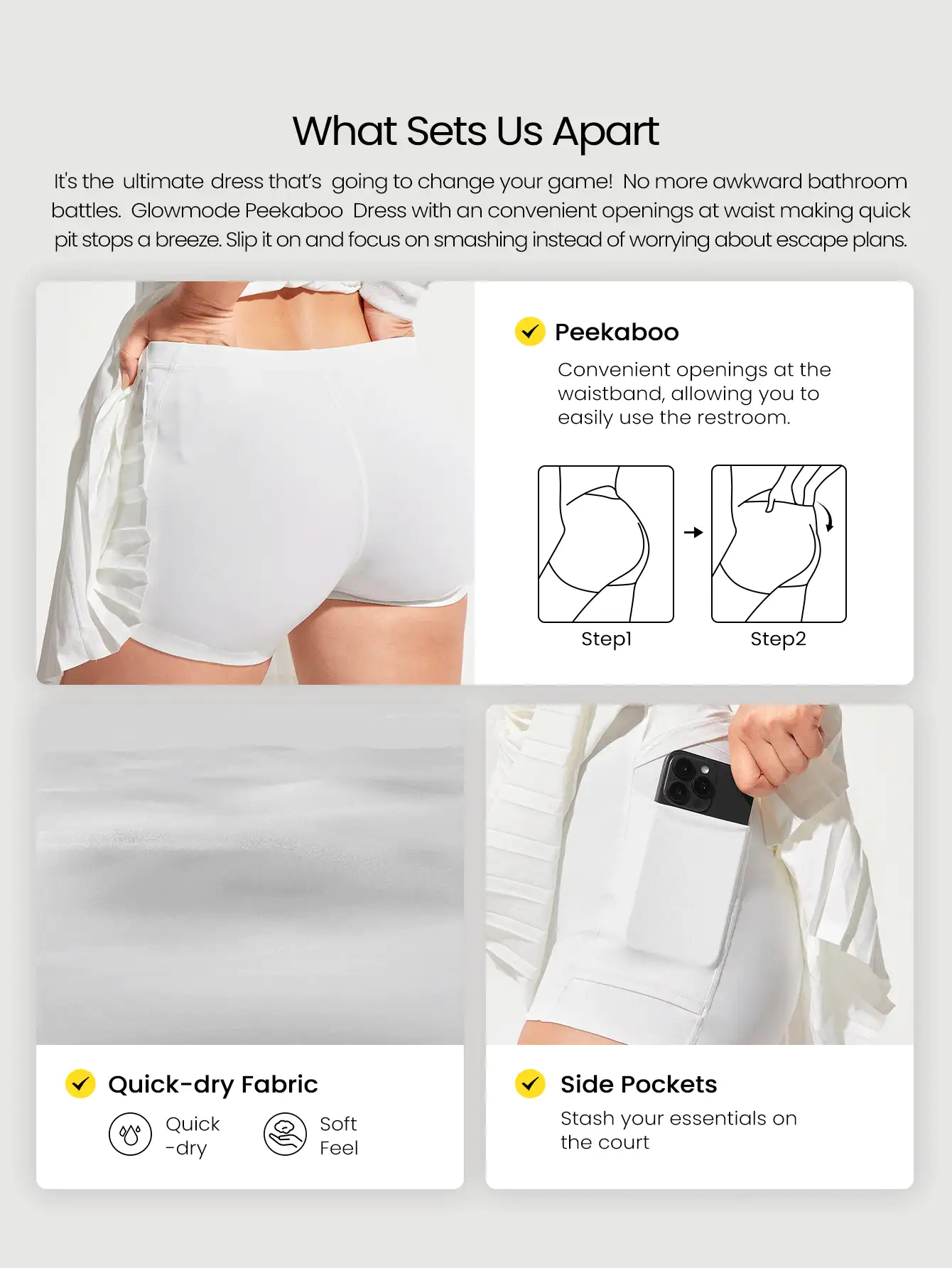 GLOWMODE FeatherFit™-Air Quick-Dry Tennis Built-In Cups Pleated Active Cutout Back Peekaboo Dress With Built-In Shorts Side Pockets Running Workout Gym - White - View 3
