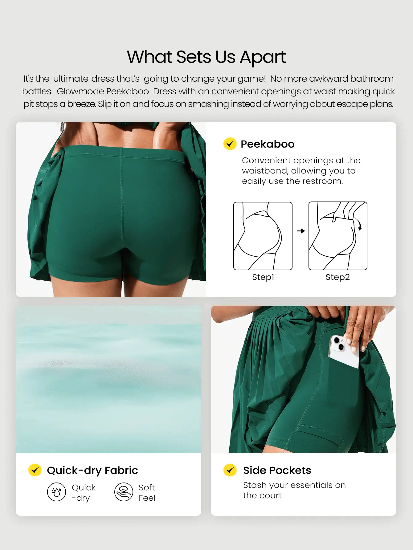 GLOWMODE FeatherFit™-Air Quick-Dry Tennis Built-In Cups Pleated Peekaboo Elasticized Waist Dress With Built-In Shorts Side Pockets Running Workout Gym - Green - View 2
