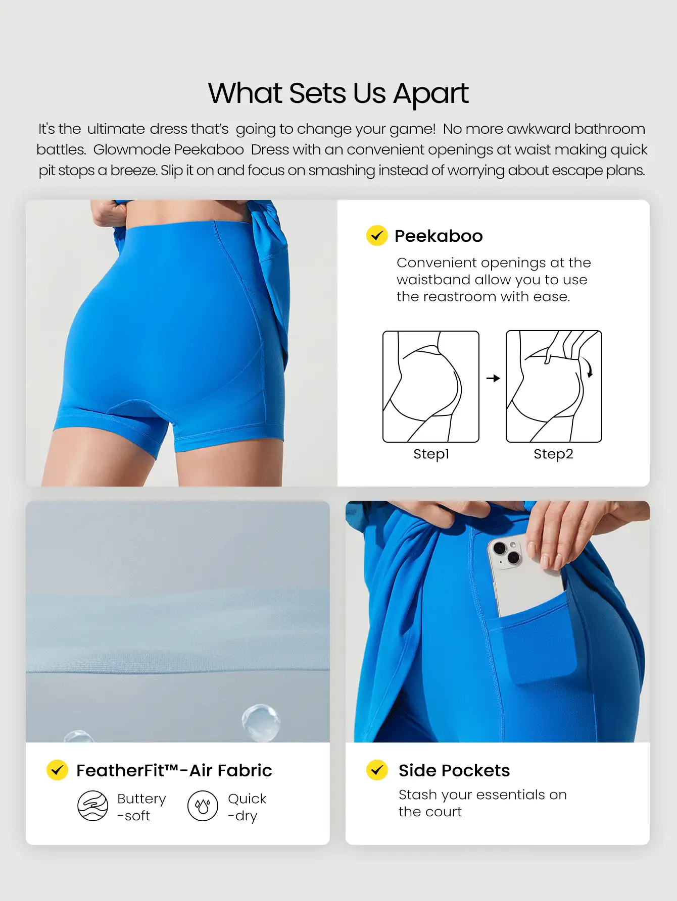 GLOWMODE FeatherFit™-Air Power Moves Thấm mồ hôi Nhanh khô Peekaboo Dây đeo rộng có thể điều chỉnh Váy thể thao tích hợp quần short Túi bên hông Tay cầm chống trượt Tác động thấp Quần vợt Golf Pickleball Mặc hàng ngày Cúp có thể tháo rời - Blue Power - Xem 3