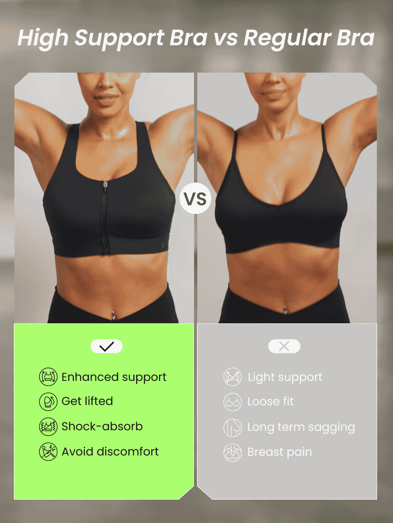 GLOWMODE High Support Zip Front Buckle Up Convertible Hook And Loop Wide Adjustable Strap Sports Bra Surgery Bra Gym