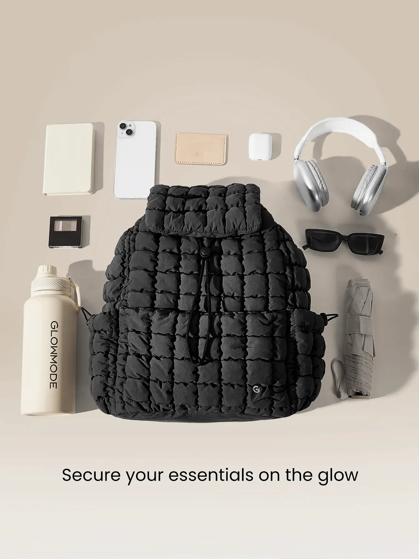 GLOWMODE 可打开翻盖闭合外部方便双面口袋绗缝日常背包袋配有可调节肩带日常休闲 - 黑色 - 查看 3