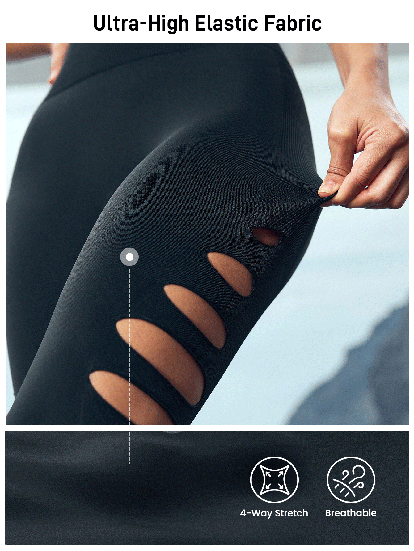 SHEIN Sports 女士纯色高腰镂空休闲紧身裤 - 黑色 - 查看 2