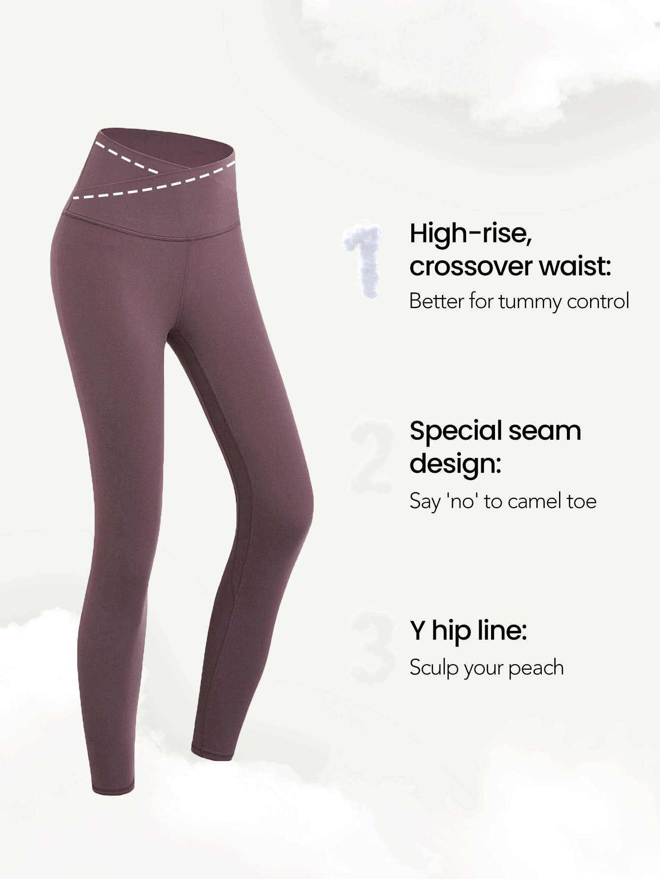 GLOWMODE 24" FeatherFit™ Crossover Yoga Pilates Leggings Buttery Soft High Stretch Crossover Waist Sports Tights Gym Spring Summer - Dusty Purple - View 3