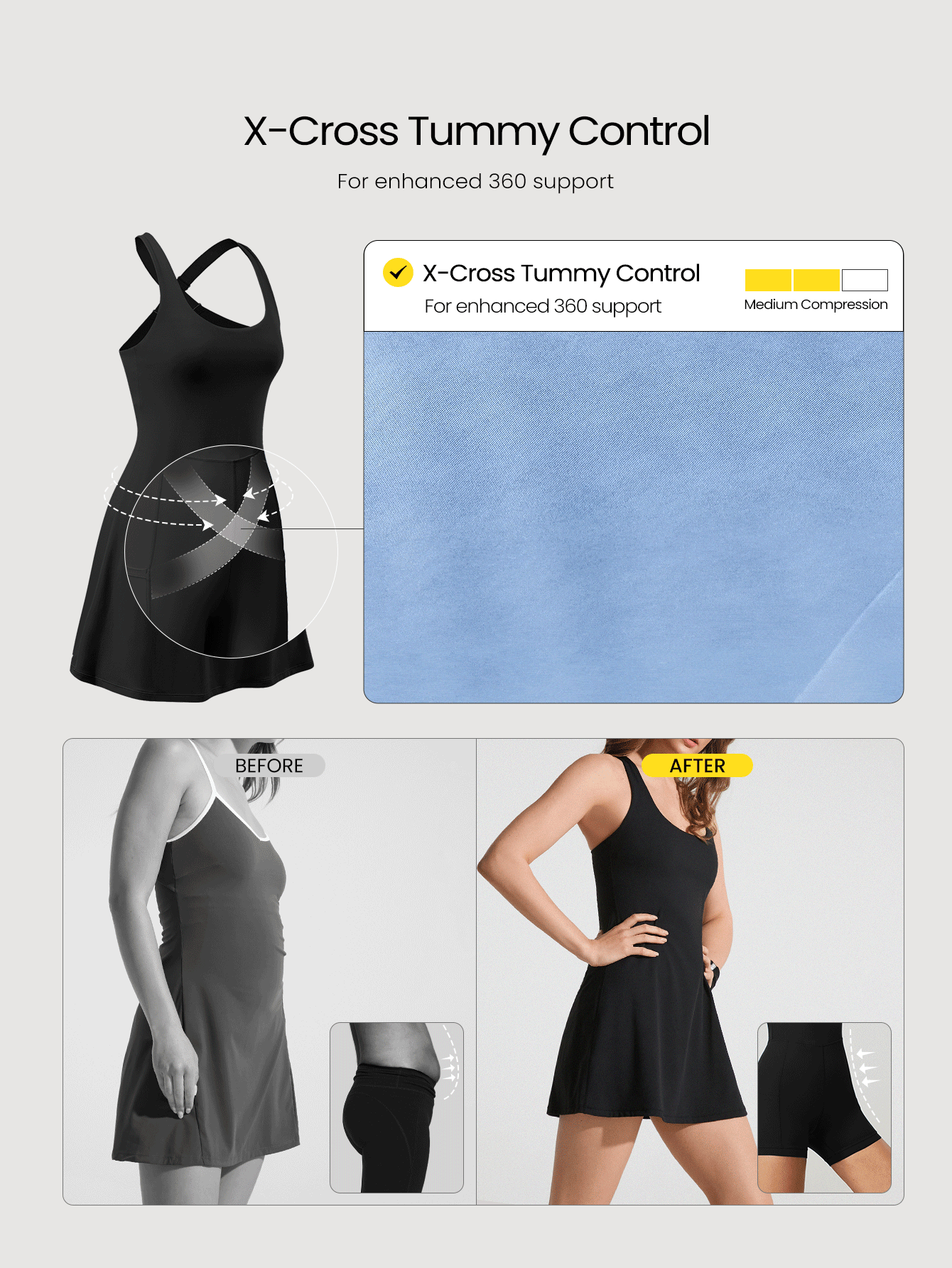 GLOWMODE FeatherFit™-Air Power Moves 吸汗速干 Peekaboo 可调节宽肩带运动连衣裙，内置短裤侧袋，防滑握把，低冲击力网球、高尔夫、匹克球，日常穿着，可拆卸护罩 - 黑色 - 查看 2