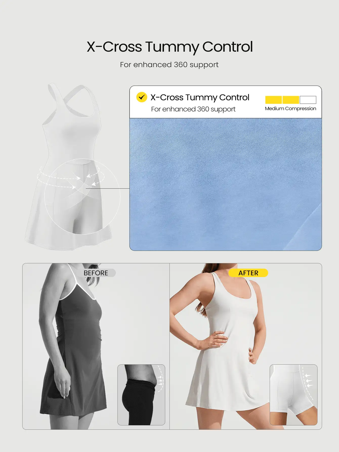 GLOWMODE FeatherFit™-Air Power Moves 吸汗速干 Peekaboo 可调节宽肩带运动连衣裙，内置短裤侧袋，防滑握把，低冲击力网球、高尔夫、匹克球，日常穿着，可拆卸护罩 - 白色 - 查看 2