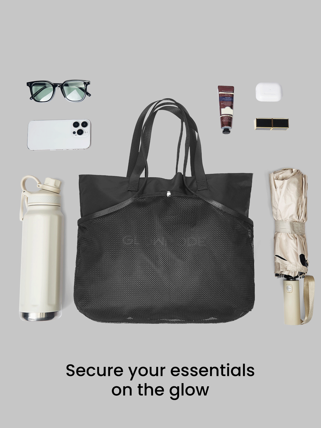 GLOWMODE 17L 3合1手提袋，外部魚網隔層，內部尼龍材質，附拉鍊口袋，日常休閒運動可用 - 黑色 - 查看 3