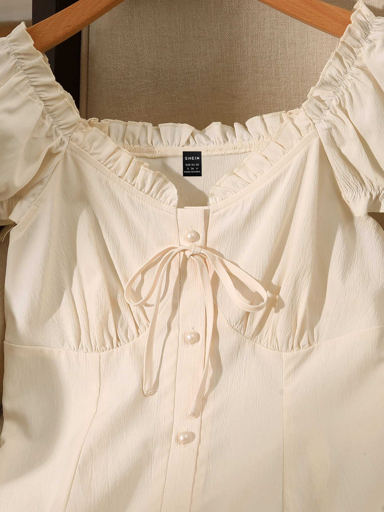 Franclia Vestido corto de verano/primavera ajustado de hombros descubiertos, con volantes, encaje y cordón de cierre estilo francés elegante y dulce para mujer - Albaricoque - Añade 8