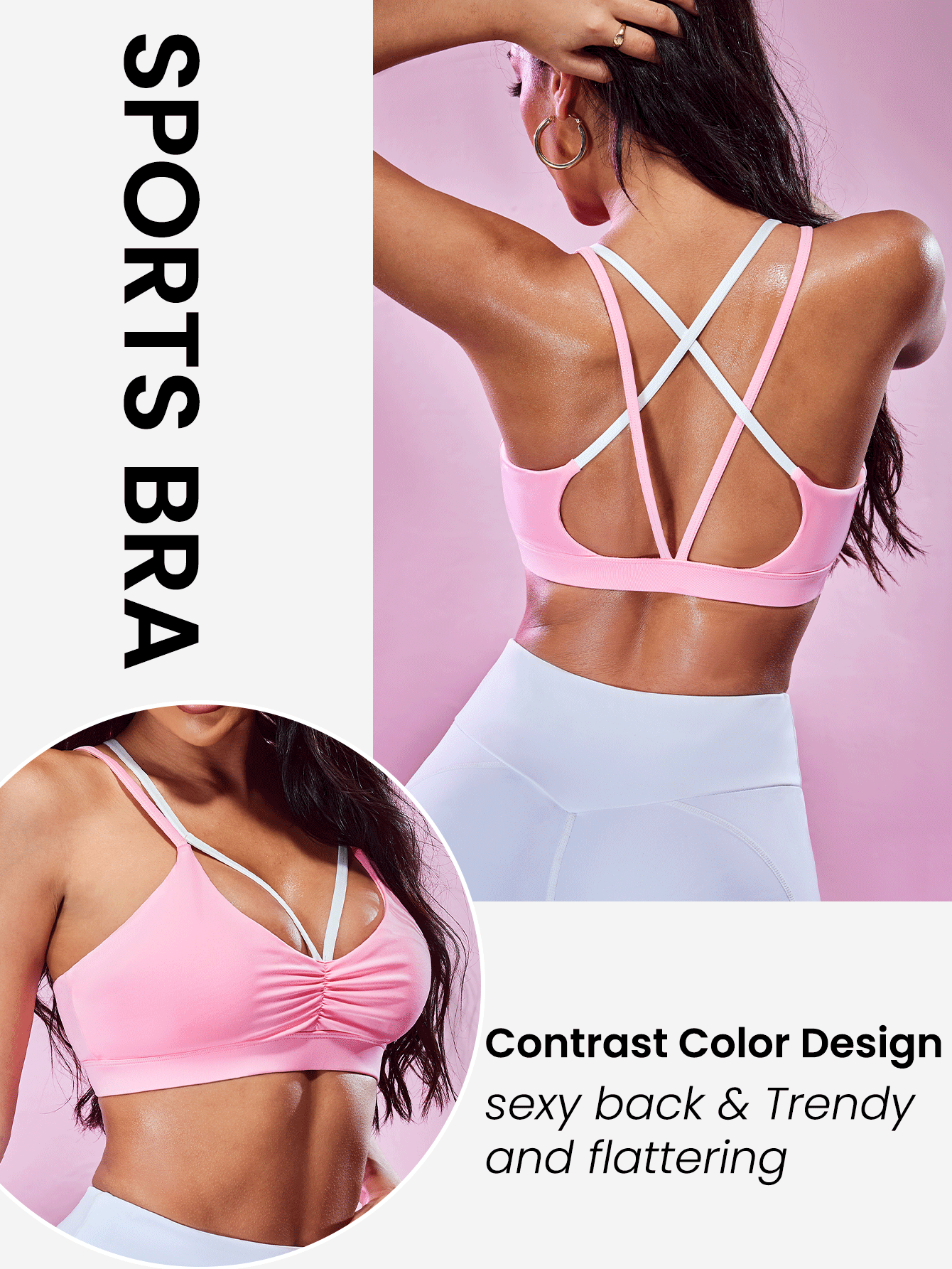 Slayform Women Two Tone Crisscross Ruched Back Sports Bra - Pink - View 2