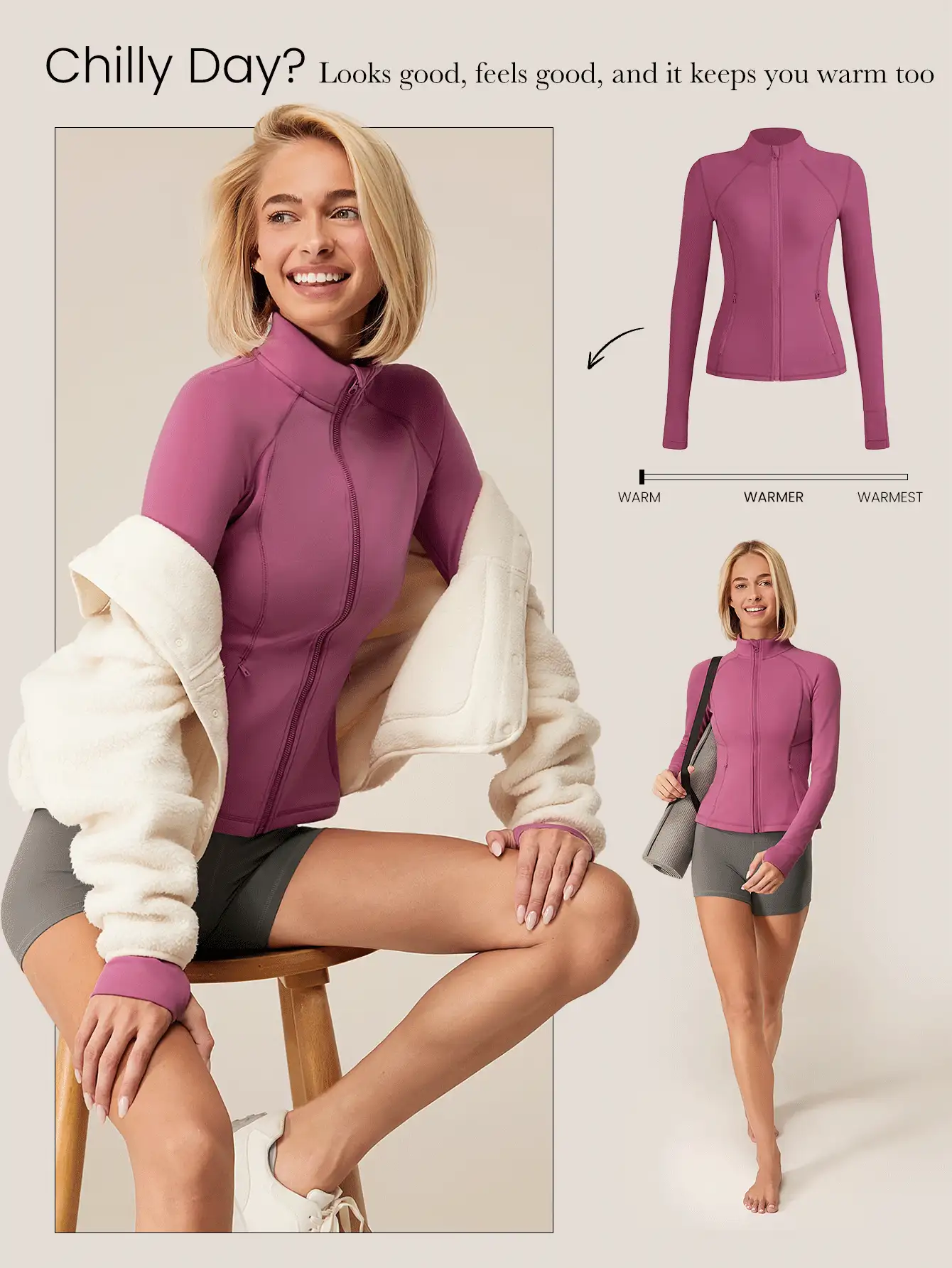 GLOWMODE FeatherFit™-Warm Slim-It It's Chilly 保暖内衬修身长袖夹克，带拇指孔，秋冬瑜伽日常休闲 - 紫色 - 查看 7