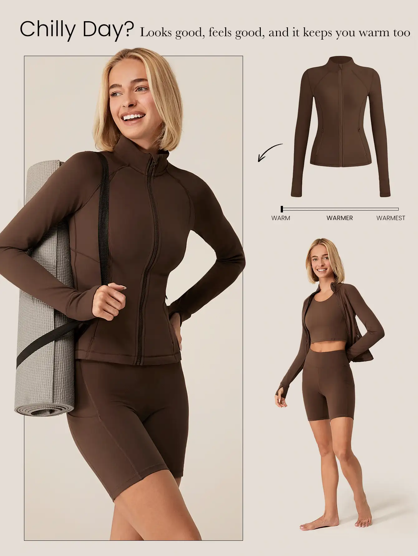 GLOWMODE FeatherFit™-Warm Slim-It It's Chilly 保暖内衬修身长袖夹克，带拇指孔，秋冬瑜伽日常休闲 - 肉桂靈感 - 查看 7