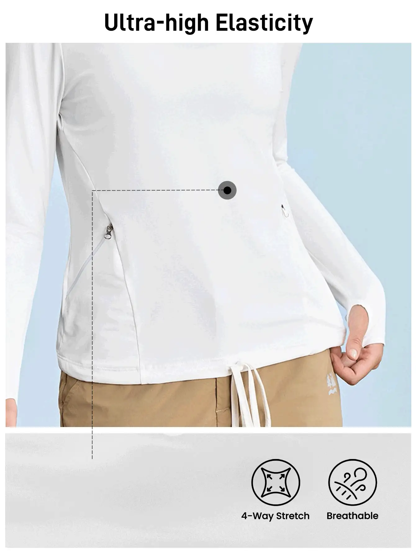 In My Nature Nature Hike 女式户外白色长袖 T 恤，弹性贴肤，拉链口袋，拇指孔