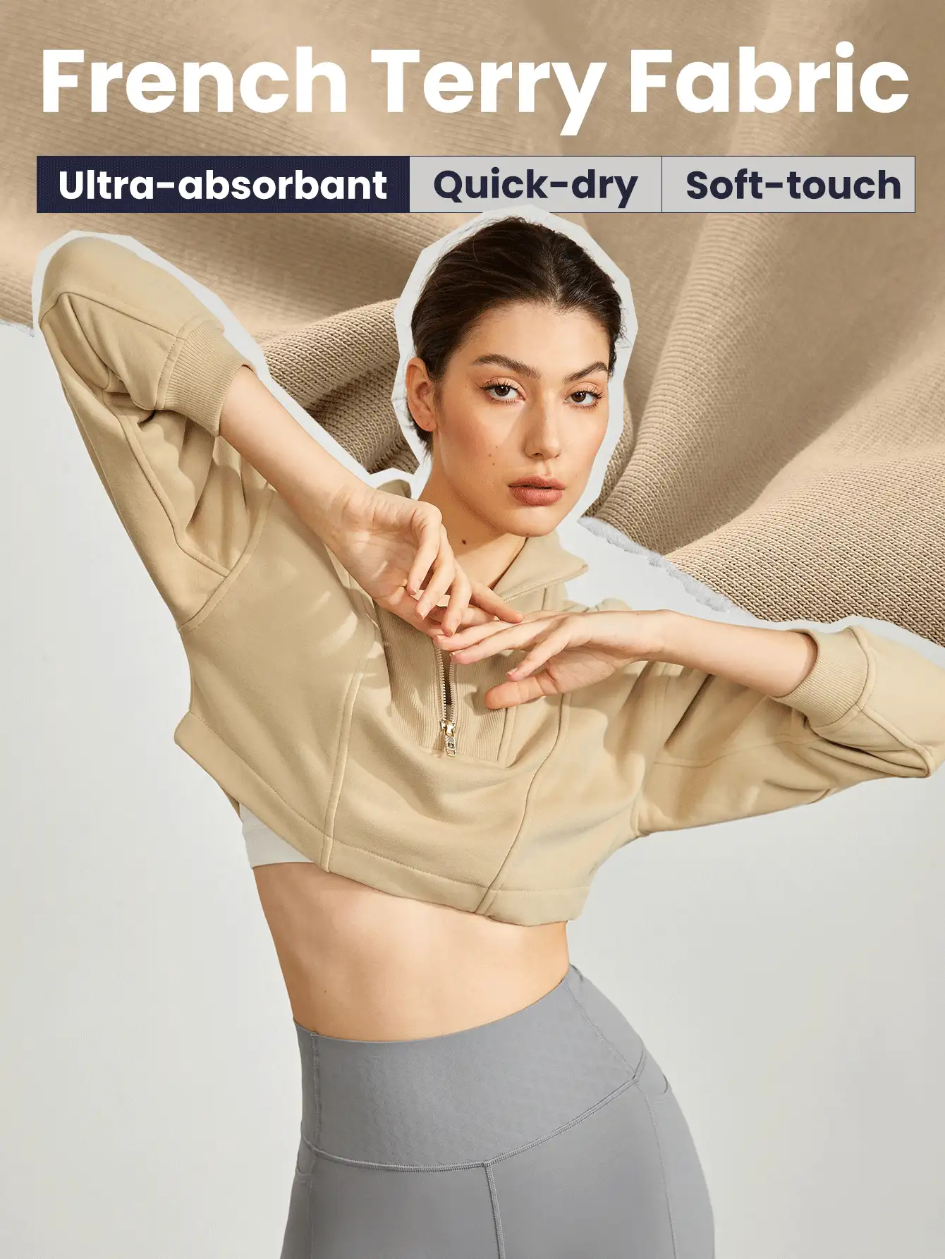 GLOWMODE Pulóver Cómodo Y Relajado Con Media Cremallera Y Corte Corto Con Tejido De Rizo Francés, Transpirable Y Que Absorbe La Humedad - Camel - Ver 5