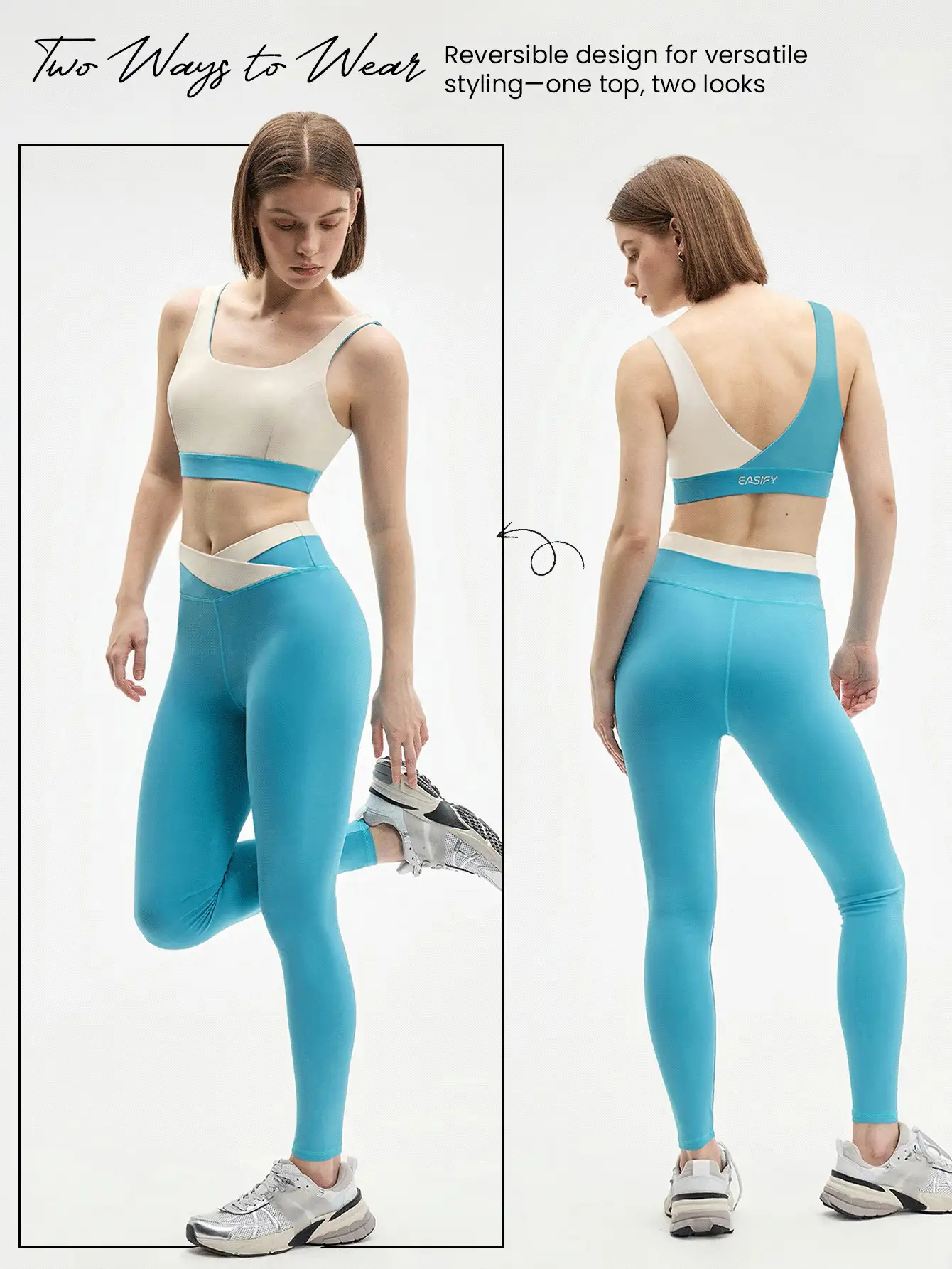 Easify SHEIN Sport Conjunto deportivo premium para mujer en color beige y aguamarina, top corto y leggings de cintura alta con bloques de color, ideal para el gimnasio y un estilo de vida activo