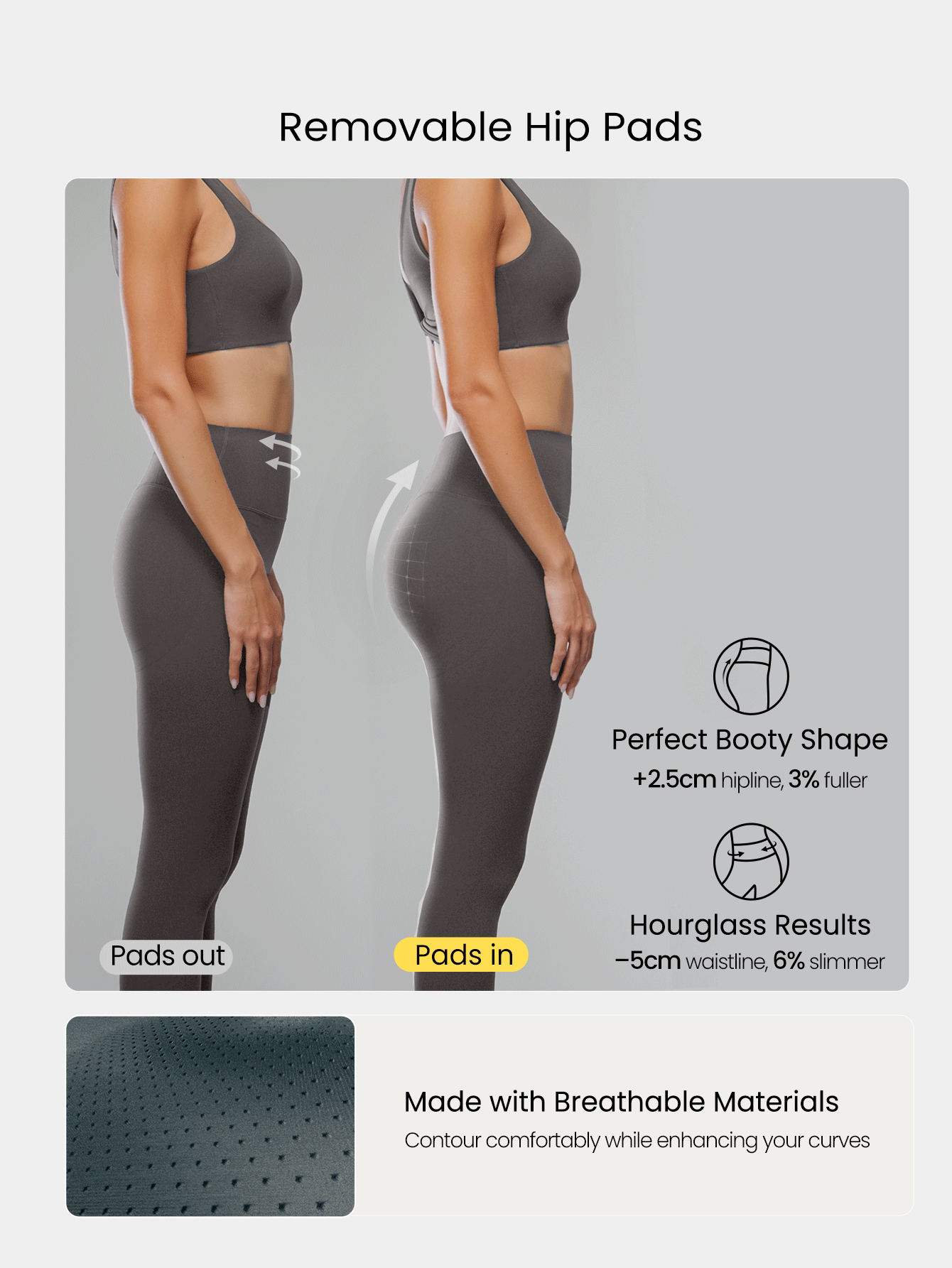 GLOWMODE 24" FeatherFit™ BounceLift Shape It Up Booty Boosting Shaping Removable Butt Pads No Front Seam Insta Cinch Tummy Control Leggings Low-Impact Yoga Pilates Barre Studio Daily Casual Wear - Dark Grey - View 4