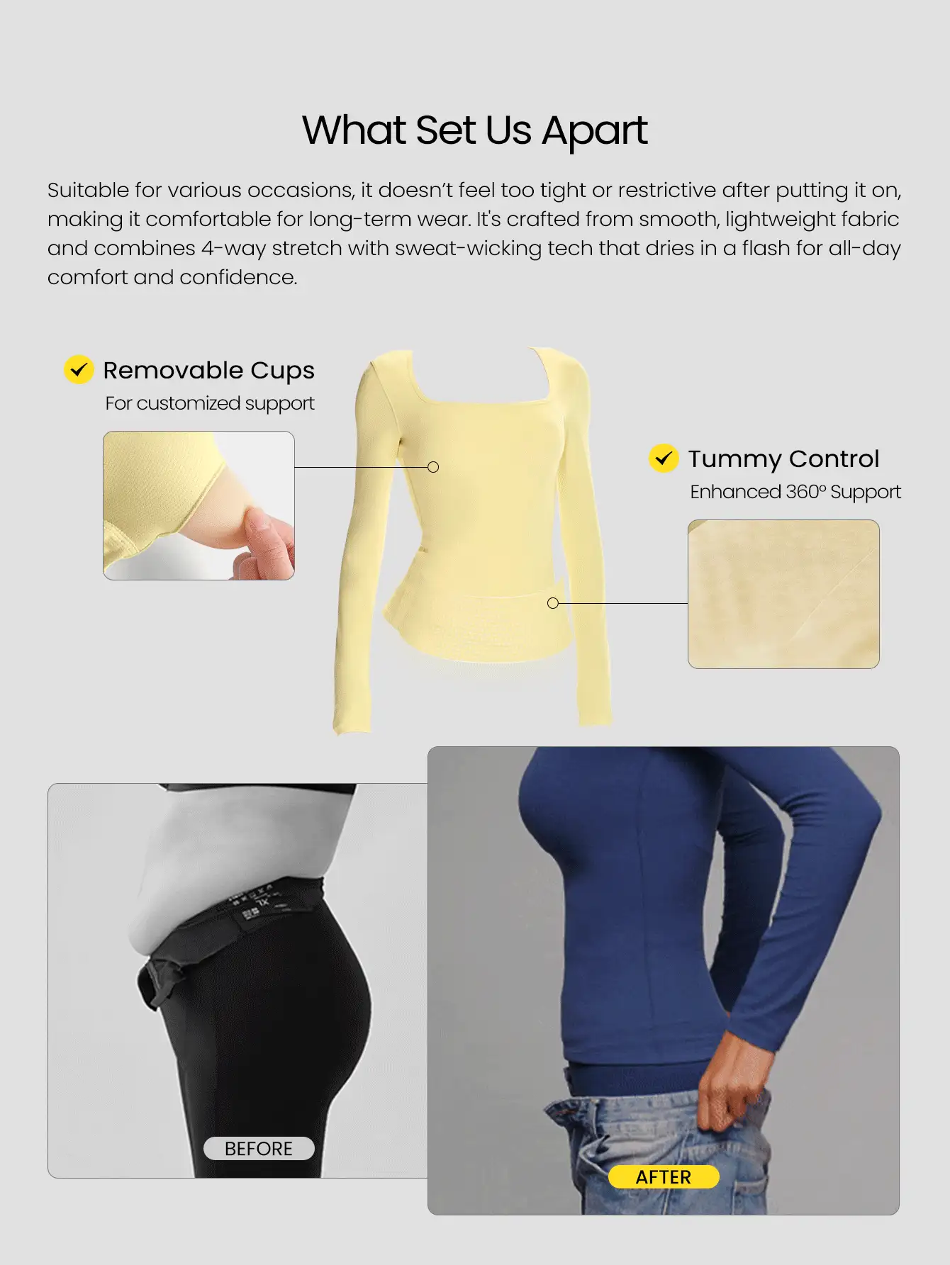 Smooth DreamLyx Tummy Control Soft Stretchy Sweat-Wicking Body Shaping Built-In Bra Square Neck Slim Fit Long-Sleeve Top Daily Casual