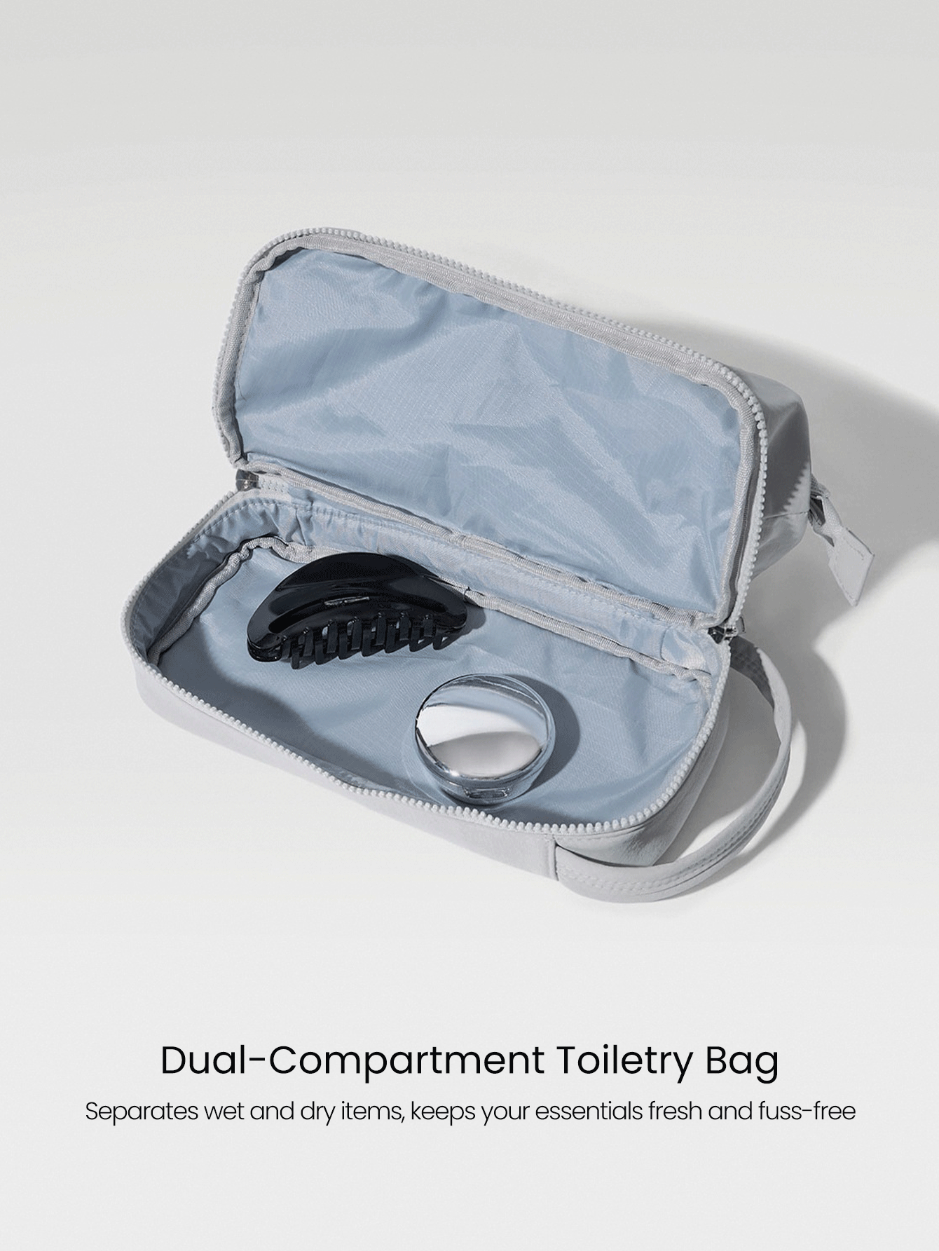 GLOWMODE Bolsa de aseo de 5L con cierre de cremallera repelente al agua, compartimentos duales, logotipo para gimnasio, viaje y uso diario casual - Gris Claro - Añade 2