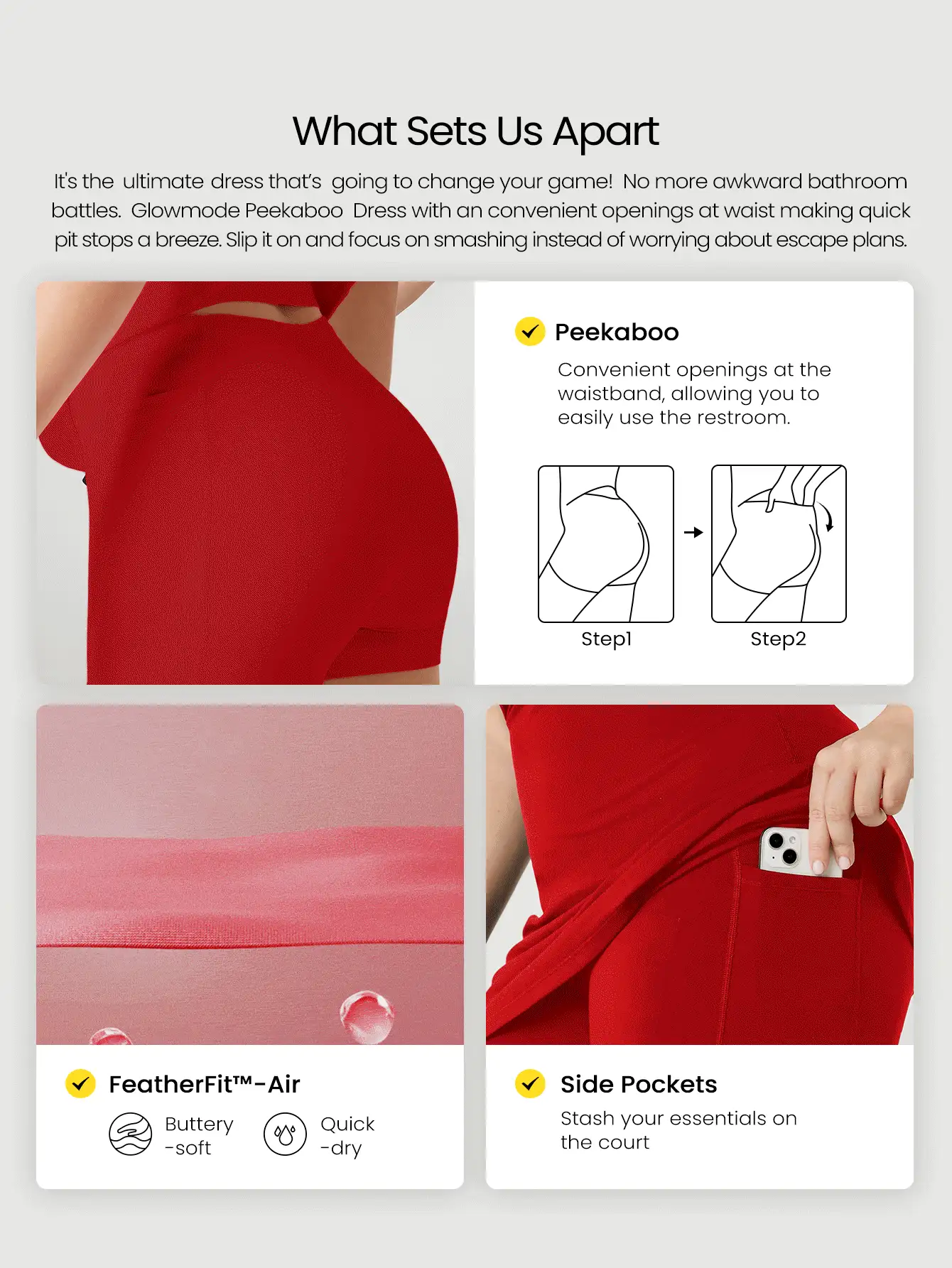 GLOWMODE FeatherFit™-Air Plus Size Peekaboo 吊带连衣裙，内置防滑短裤，低冲击瑜伽日常夏季连衣裙，黑色连衣裙，速干吸湿排汗 - Fiery Red - 查看 2
