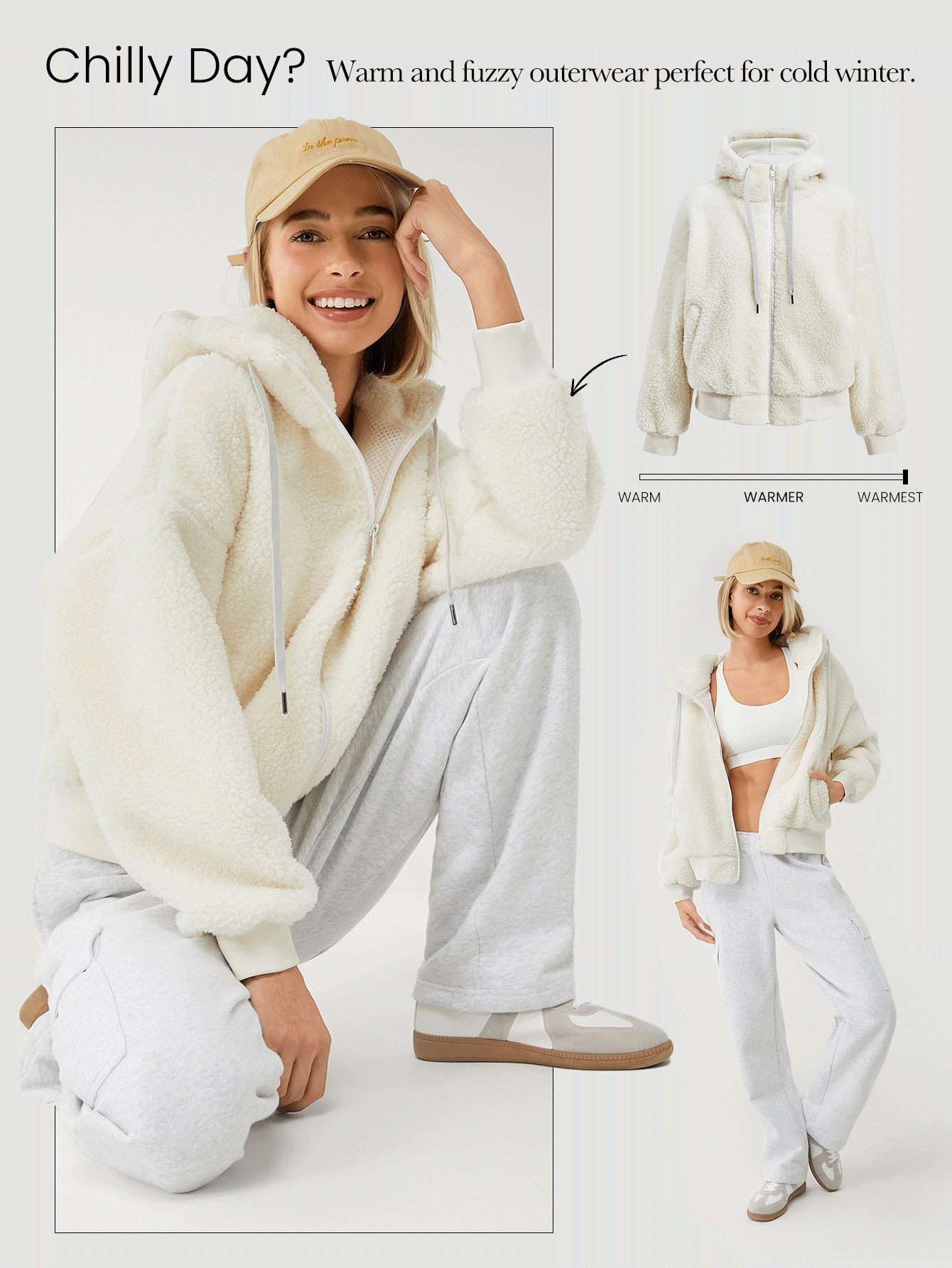 GLOWMODE 舒适厚实摇粒绒柔软保暖飞行员夹克可调节抽绳连帽衫防风罗纹下摆袖口夹克带侧袋日常休闲冬季 - 米色 - 查看 8