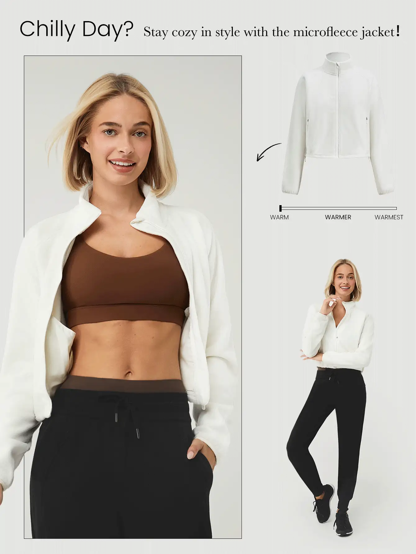 GLOWMODE Thin Polar Fleece Loose-Fit Cropped Drawstring Long Sleeve Jacket - Beige - View 6