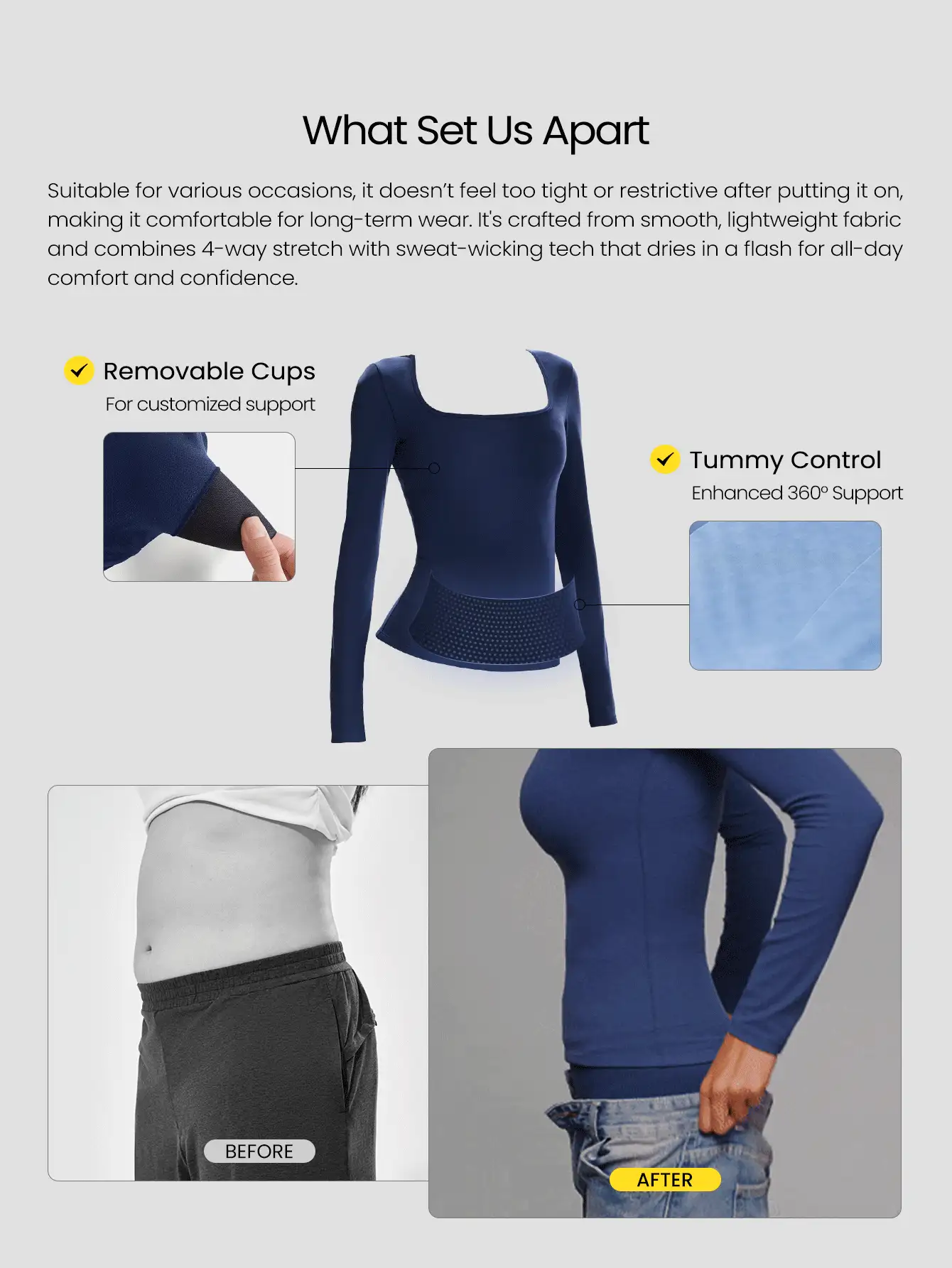 Smooth DreamLyx Tummy Control Soft Stretchy Sweat-Wicking Body Shaping Built-In Bra Square Neck Slim Fit Long-Sleeve Top Daily Casual