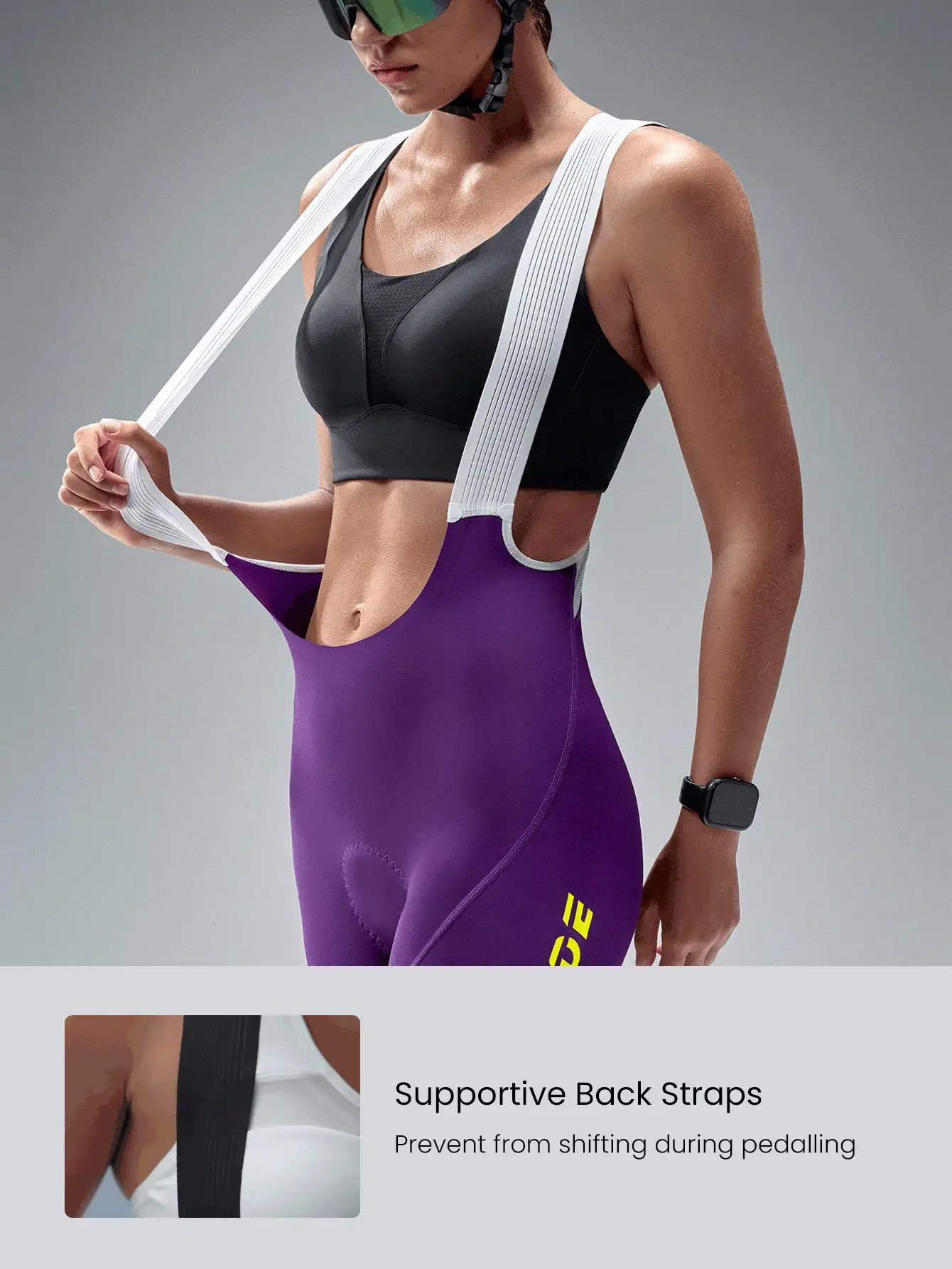 GLOWMODE 24" Go The Distance Quick-Dry Back Strap Butt Padding Mesh Panel Contrasting Logo Non-Slip Strips Cycling Biking Bibtight Gym Training Workout - Violet Purple - View 2