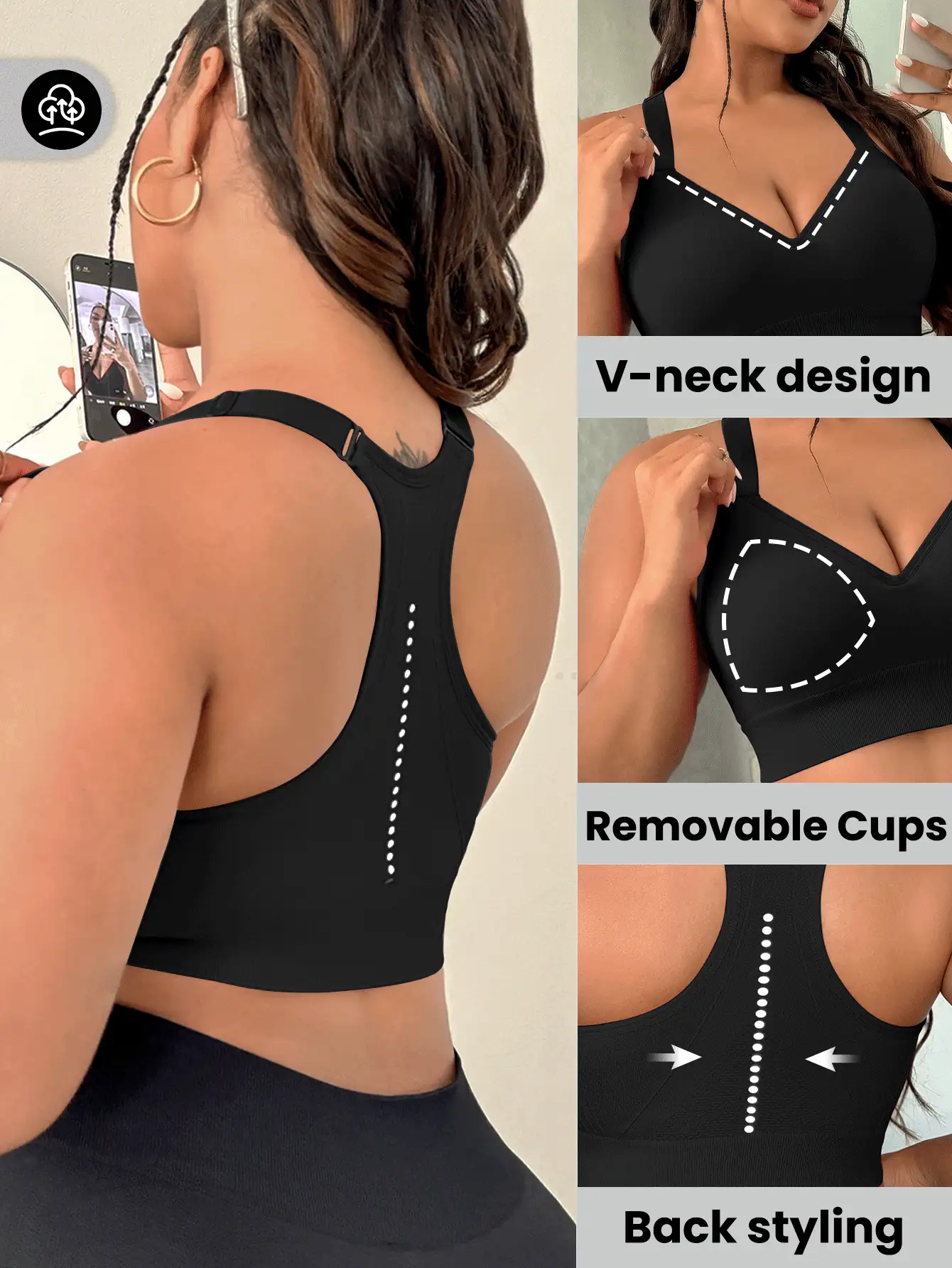 Slayform 大码反光圆点工字背运动文胸 - 黑色 - 查看 3