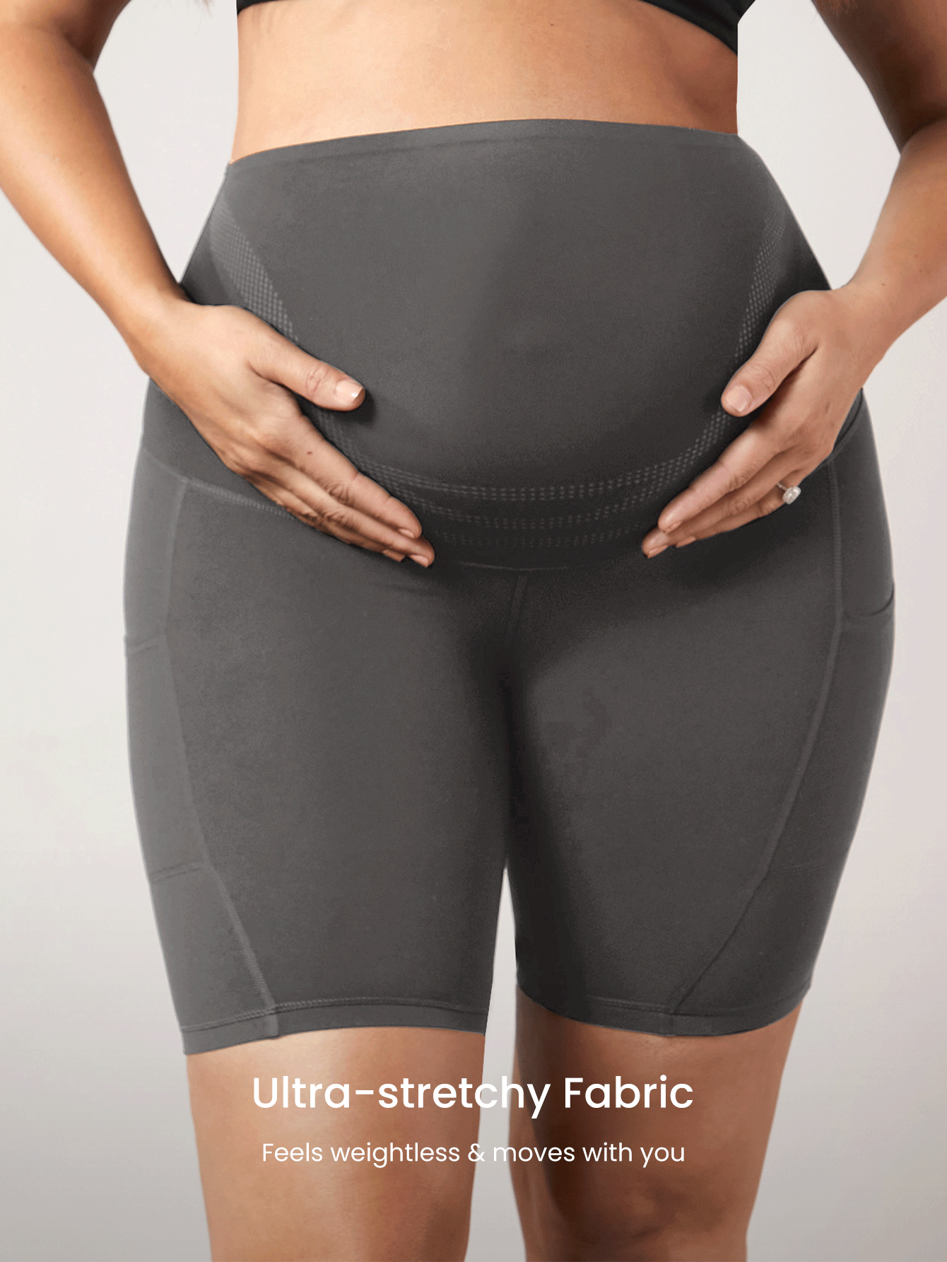 GLOWMODE FeatherFit™超高腰孕婦自行車褲腹部支撐8英寸，透氣高彈性 - 深灰色 - 查看 7