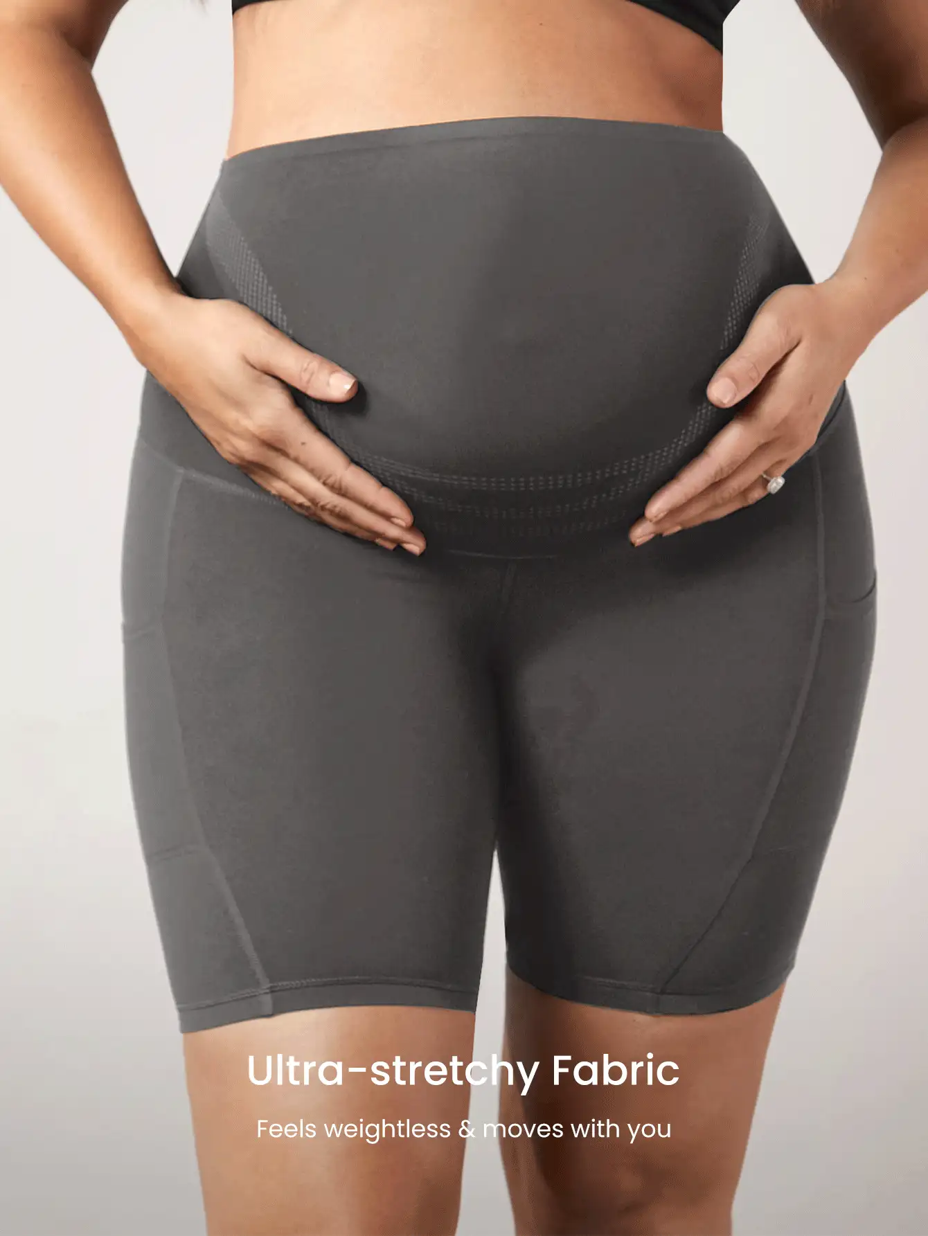 GLOWMODE FeatherFit™ Super High Rise Belly Support 8" Maternity Biker Shorts High-Stretchy - Dark Grey - View 7