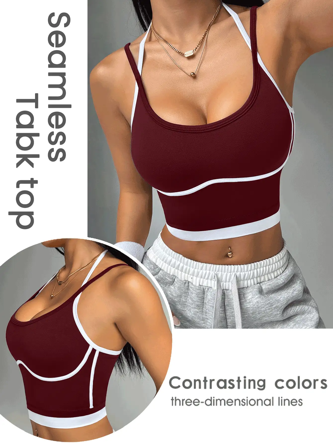 Easithlete Women's Burgundy Colorblock Spaghetti Strap Sports Tank With Criss-Cross Detail Gym Crop Top - Burgundy - View 2
