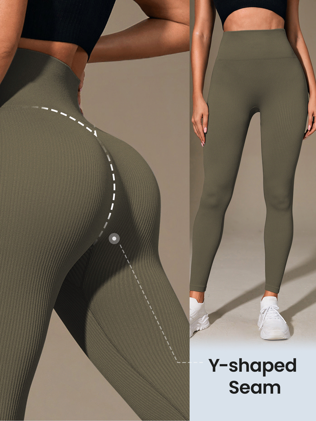Easithlete 女式高腰罗纹无缝修身紧身裤 - 云朵柔软第二层肌肤柔软速干透气四向弹力紧身裤，适合跑步、骑行、瑜伽、泡菜球运动休闲，黑色 - 橄欖綠 - 查看 4