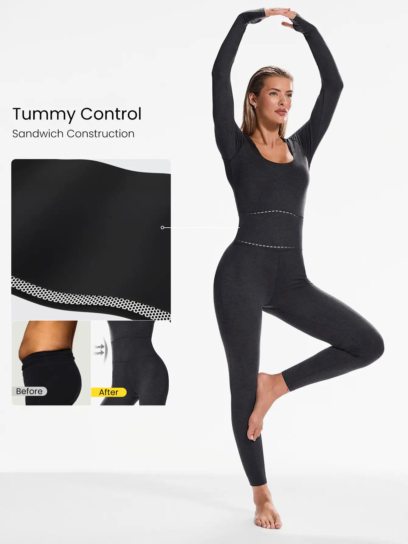 24インチ ソフティー ベルベア腹部コントロール サムホール付き スクープネック ロングスリーブ ジャンプスーツ ボディスーツ ヨガ ピラティス スタジオ デイリーカジュアルウェア 取り外し可能なカップ