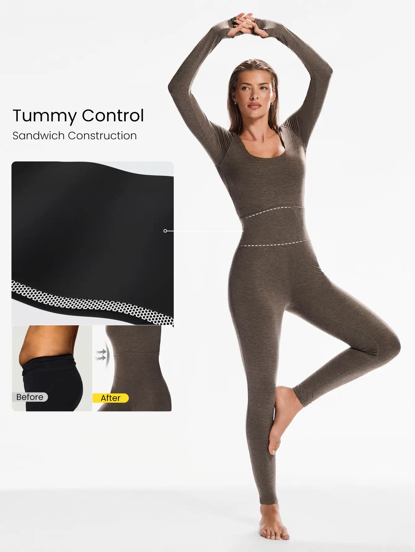 Combinaison-body à manches longues avec encolure dégagée, contrôle du ventre, pouce trous, 24 po, en velours doux. Convient pour le yoga, le pilates, l'usage quotidien décontracté. Avec bonnets amovibles.