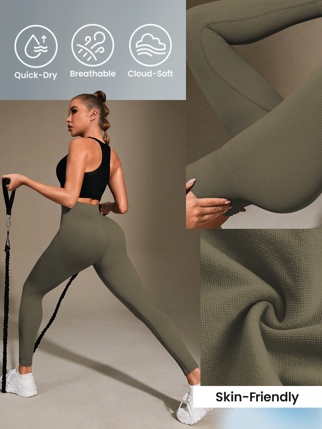 Easithlete 女式高腰罗纹无缝修身紧身裤 - 云朵柔软第二层肌肤柔软速干透气四向弹力紧身裤，适合跑步、骑行、瑜伽、泡菜球运动休闲，黑色 - 橄欖綠 - 查看 7