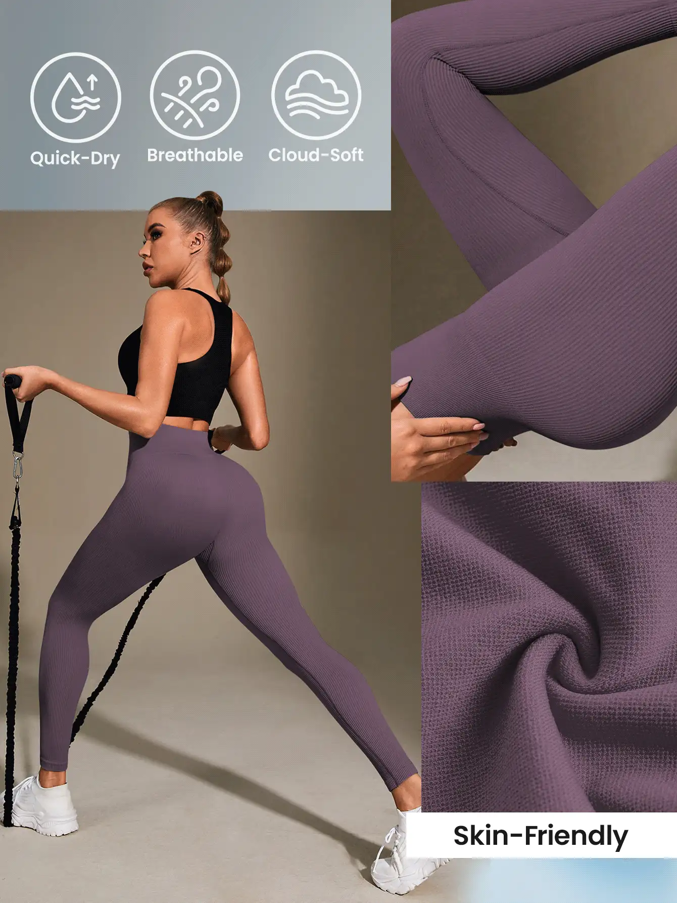 Easithlete Quần legging bó cạp cao liền mạch có gân dành cho nữ - Quần legging mềm mại như làn da thứ hai, nhanh khô, thoáng khí, co giãn 4 chiều, dùng để chạy bộ, đạp xe, tập yoga, bóng chày, thường ngày, màu đen - Màu đỏ tím - Xem 7