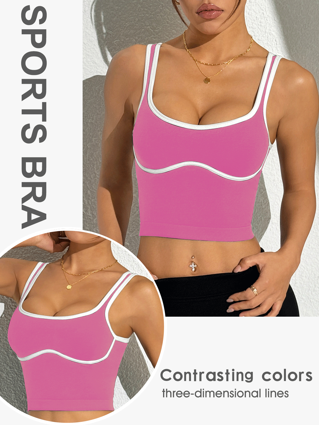 SHEIN Dewbera Áo ba lỗ thể thao thường ngày viền tương phản, phù hợp cho mùa hè - Màu Hồng Tươi - Xem 2