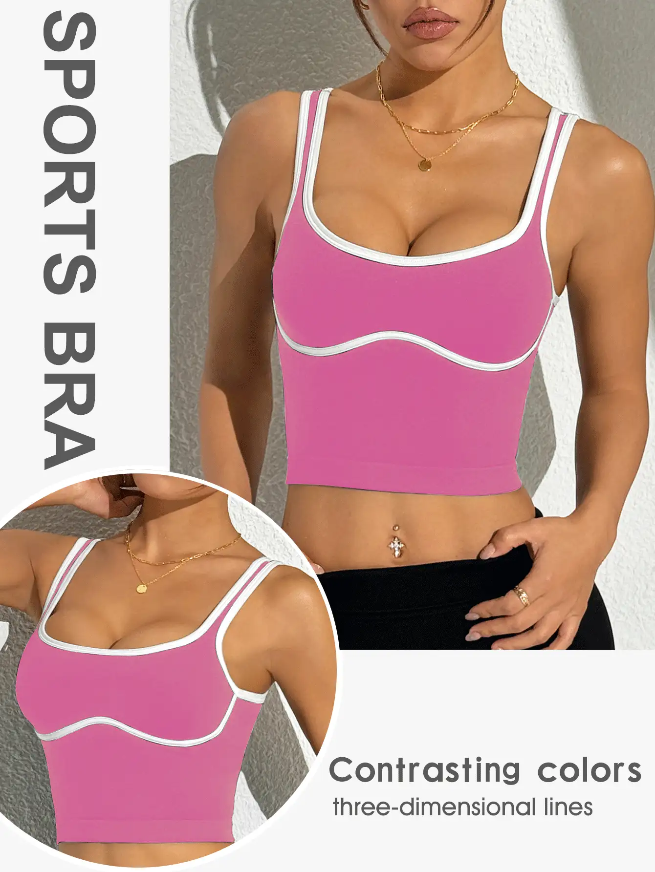 SHEIN Dewbera Áo ba lỗ thể thao thường ngày viền tương phản, phù hợp cho mùa hè - Màu Hồng Tươi - Xem 2