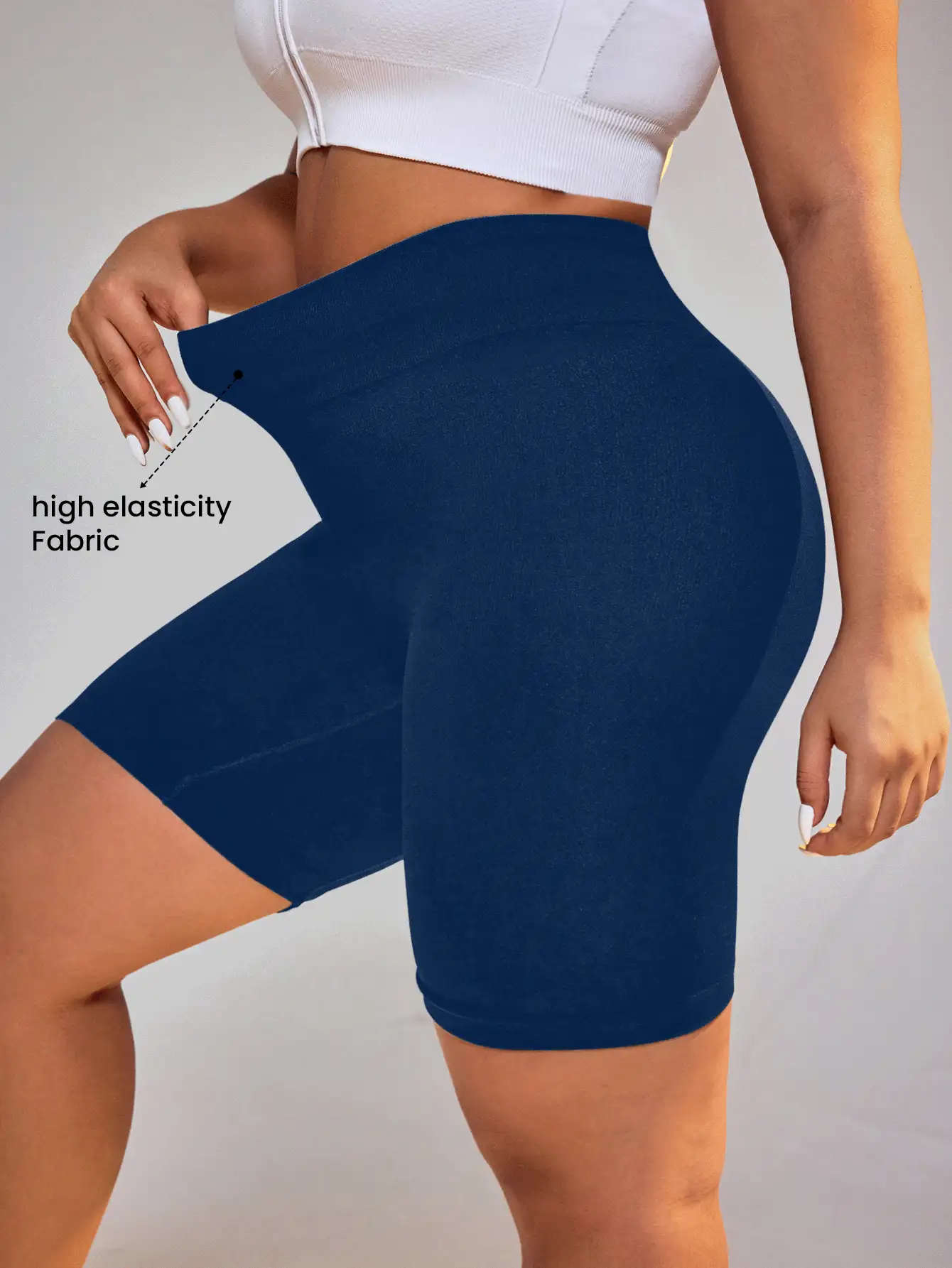 SHEIN Rhythm Era 大码高腰纯色修身运动短裤 - 藏蓝色 - 查看 5