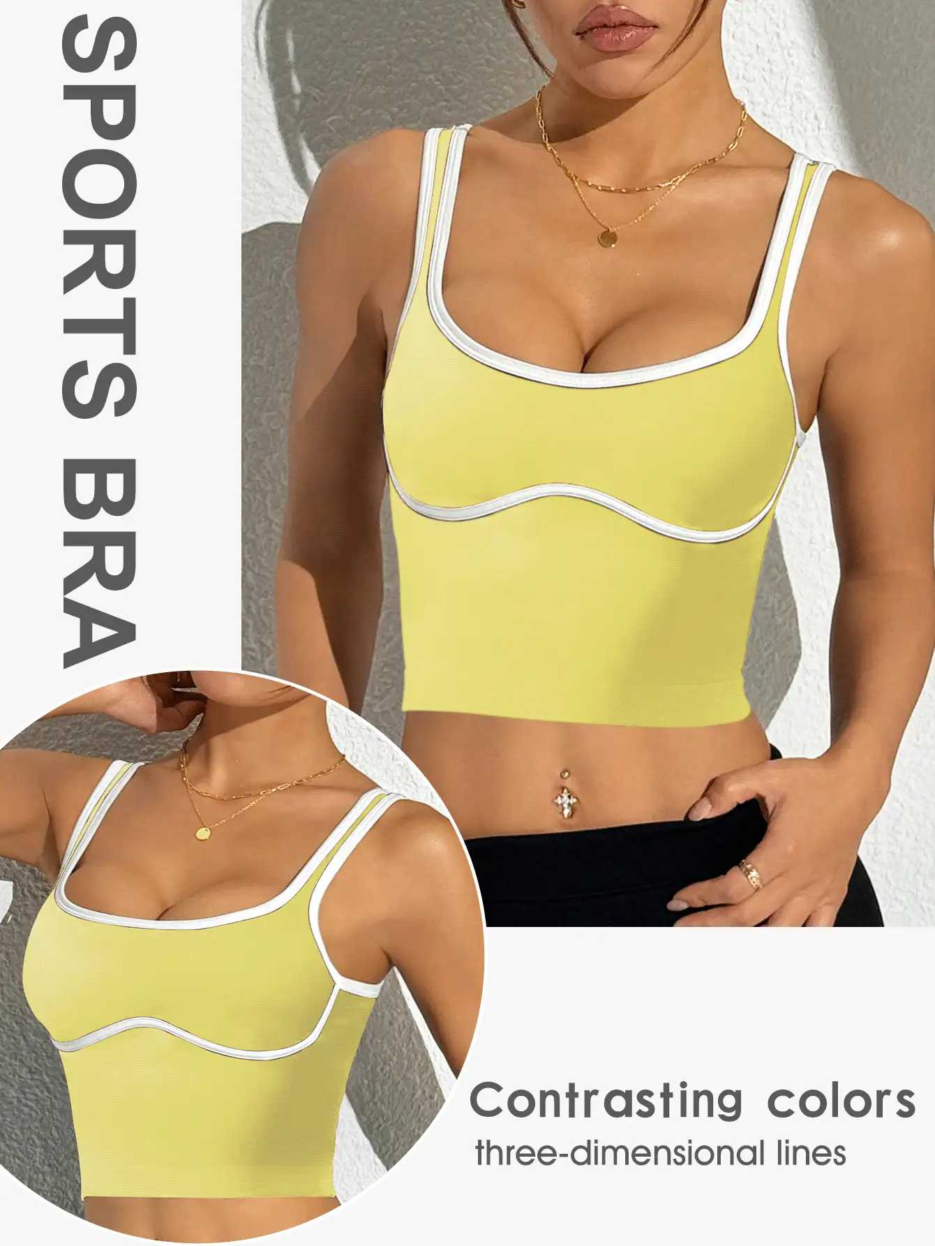 SHEIN Sports Áo ba lỗ thể thao cắt ngắn màu tương phản thường ngày mùa hè - Butter Yellow - Xem 2