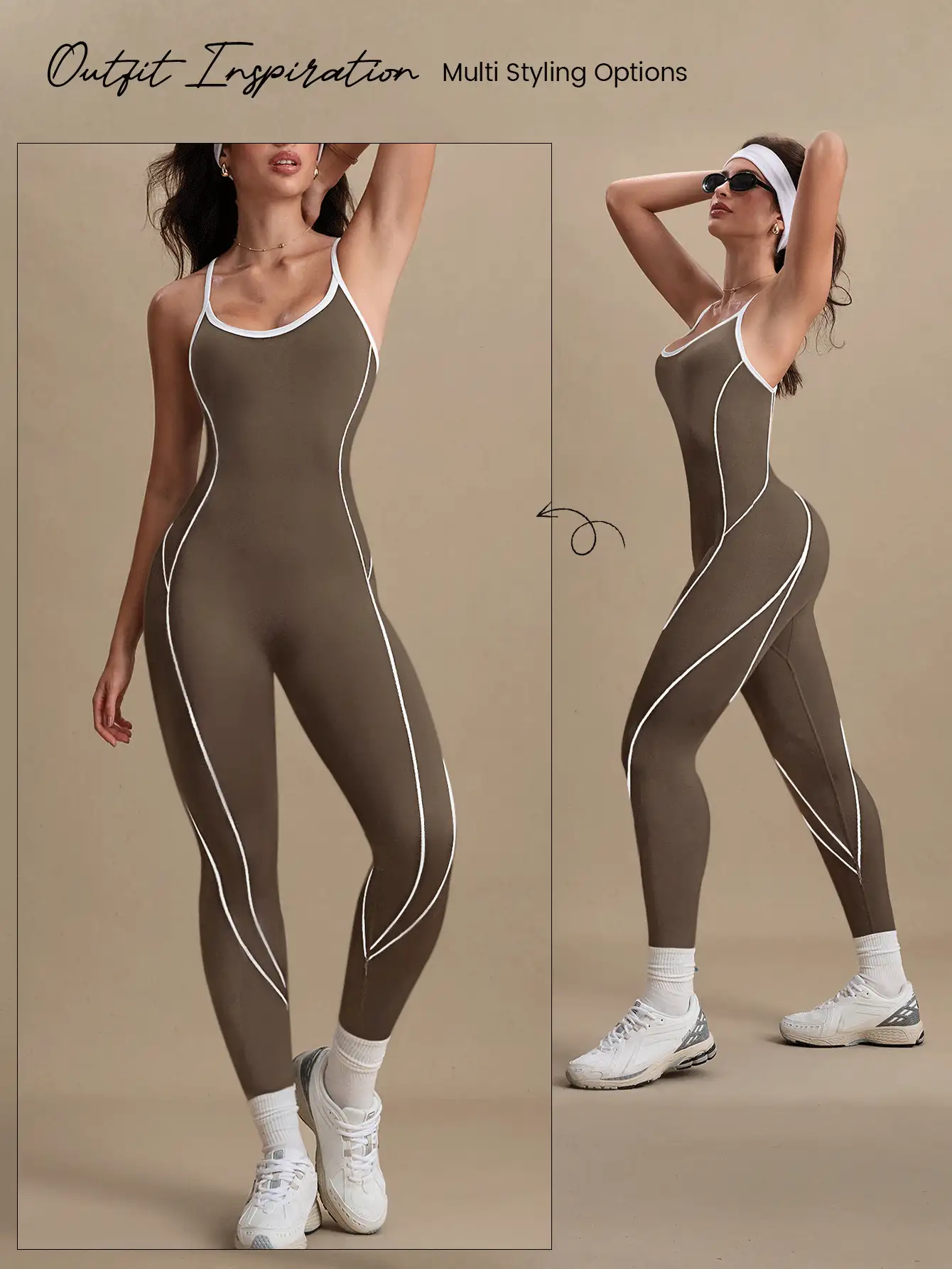 Eassivo Eassivo 女式户外休闲修身无缝连体裤 - 棕色 - 查看 6