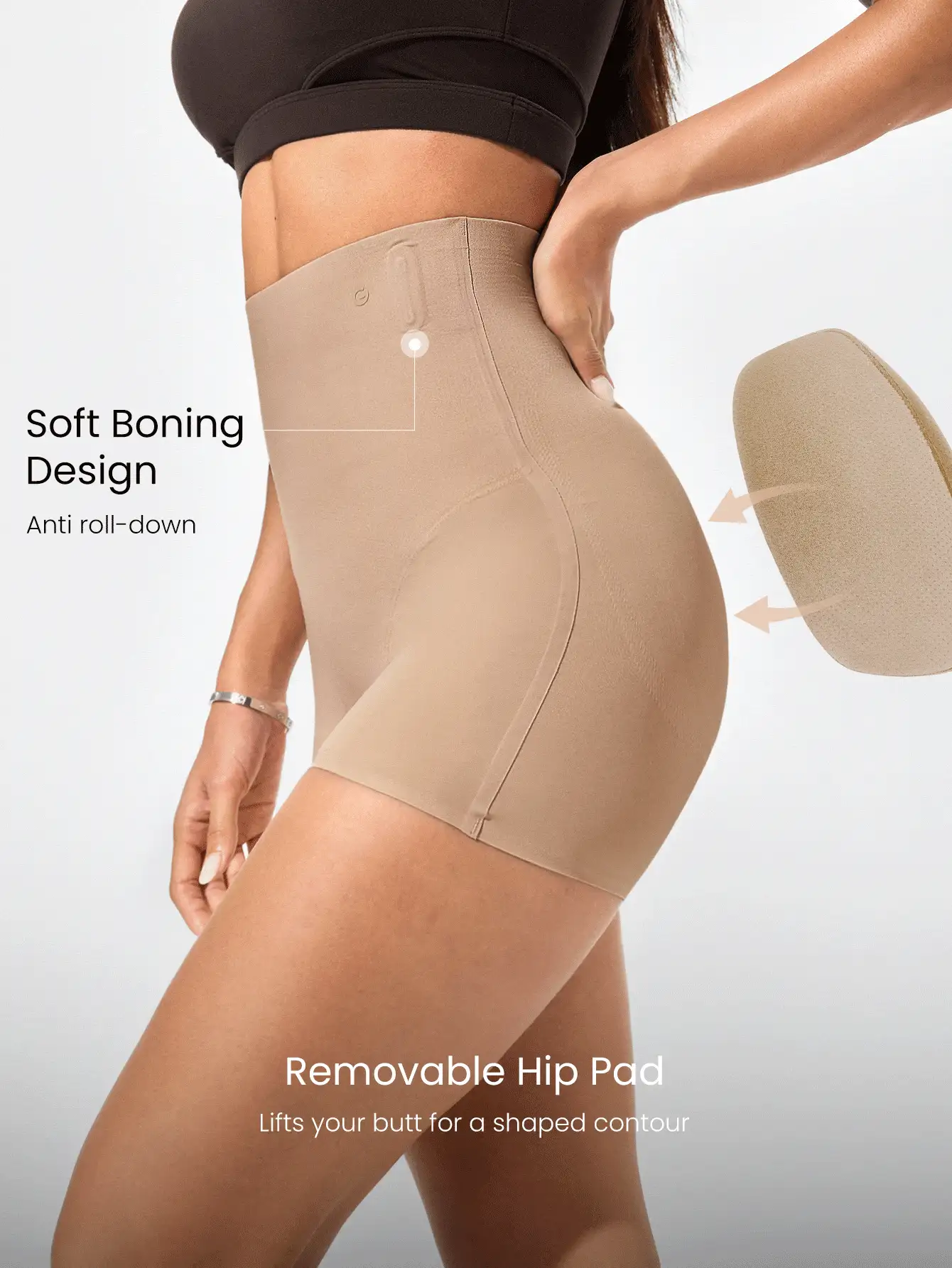1 Pack Sweat-Wicking Tummy Control2.0 Anti-Roll Boning Removable Hip Pad Ultra High-Rise Waist Boyshorts Underwear Daily Casual