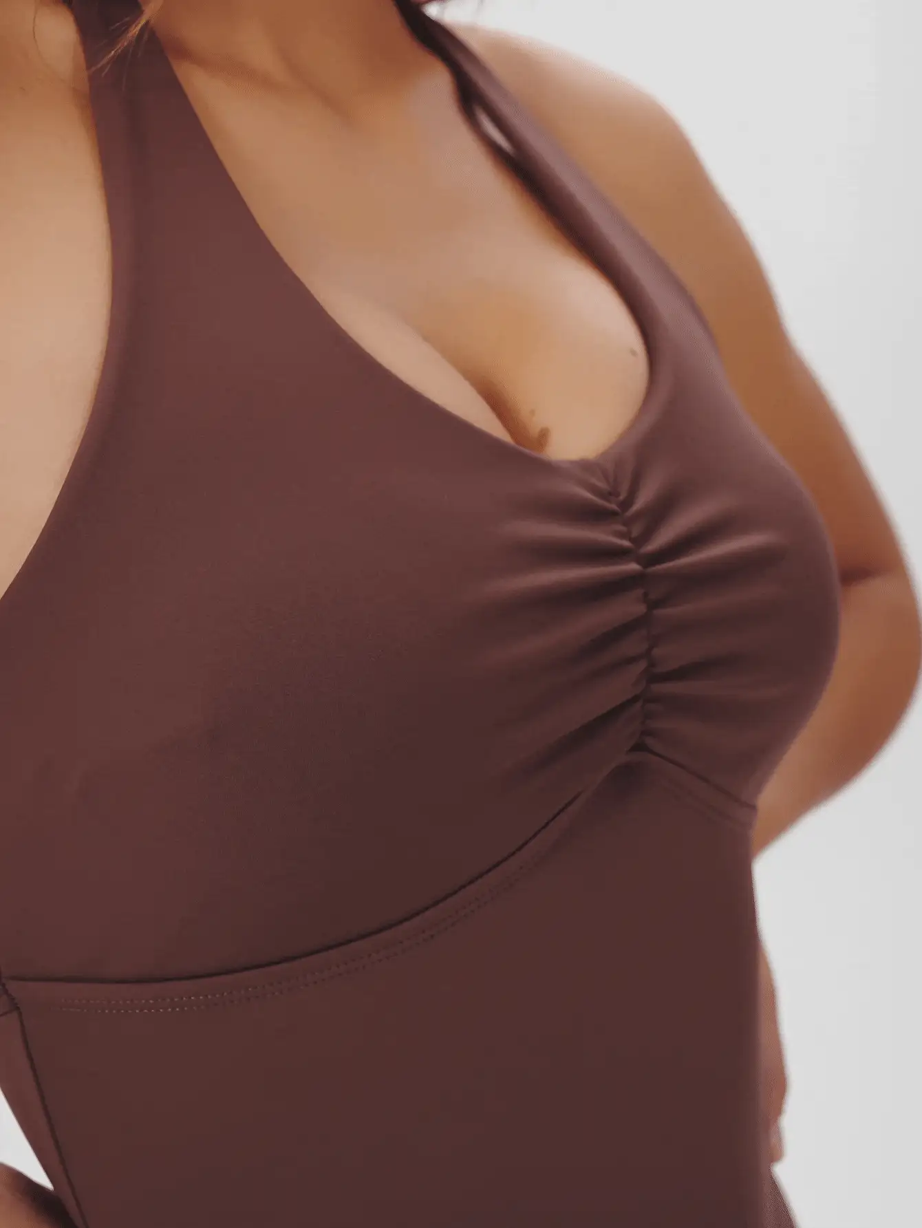 Eassivo Eassivo Women's Brown Halter Neck Ruched Bodysuit,Running Fitness Yoga Exercise Jumpsuit - Coffee Brown - View 6