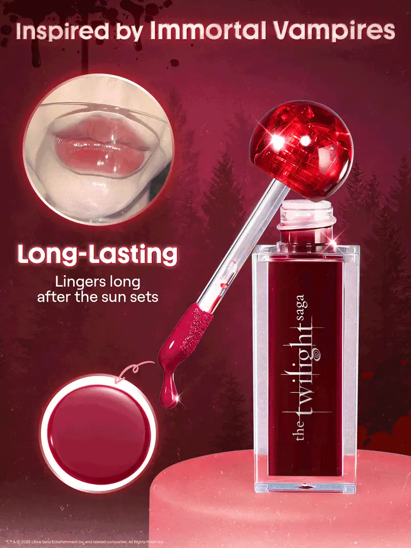 The packaging of the Immortality Tinte de Labios is thoughtfully designed to reflect the enchanting aesthetic of the Twilight Saga. It often incorporates imagery and motifs associated with the series, such as moonlit forests or iconic symbols, offering a visually appealing tribute to the saga. This product not only serves as a makeup item but also as a collectible for fans, merging the worlds of beauty and fandom in a seamless and stylish manner.