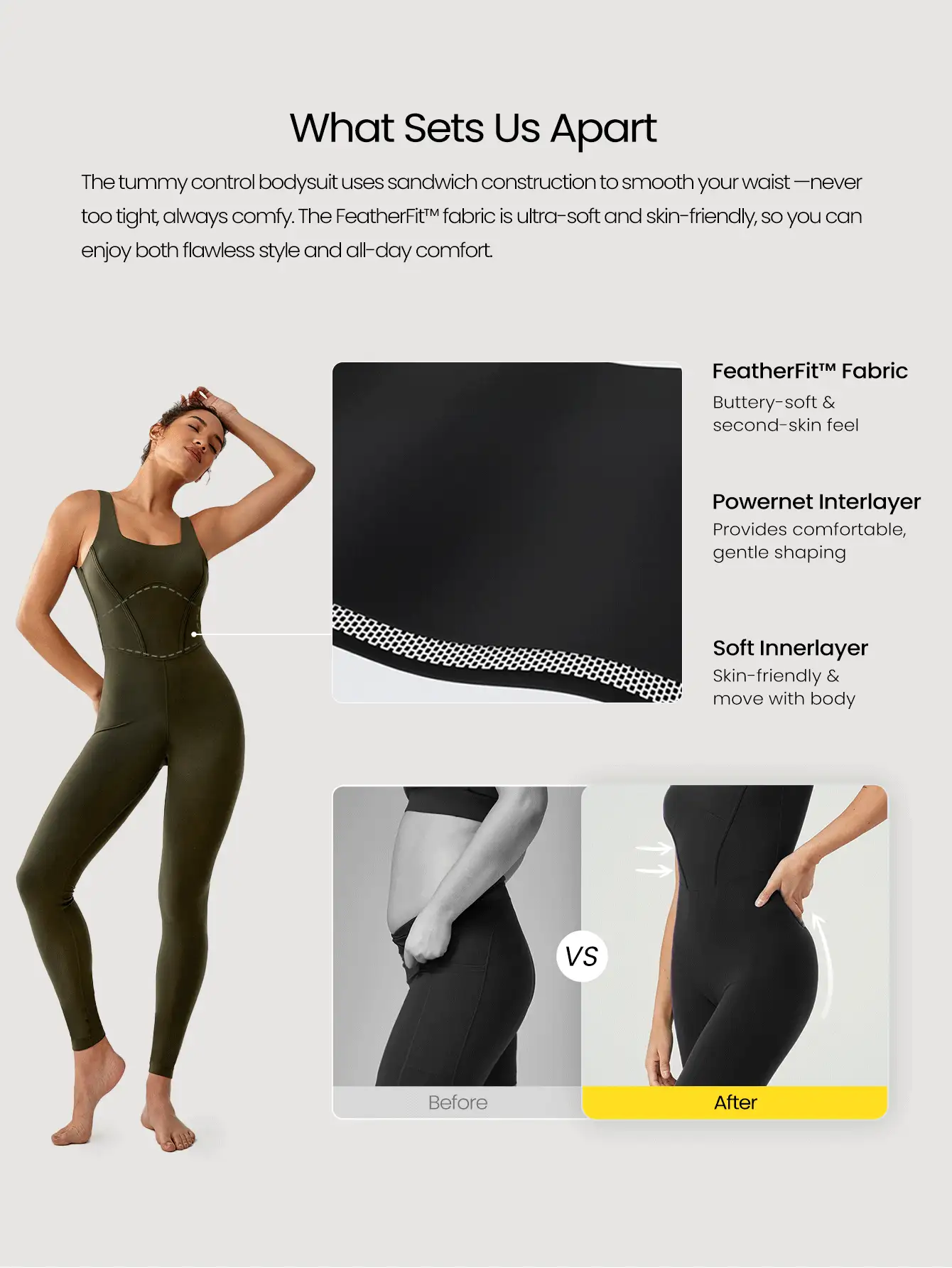 24" FeatherFit™ Tummy Control Open Back Gym Yoga Pilates Sports Jumpsuit Bodysuit Elegant For Woman
