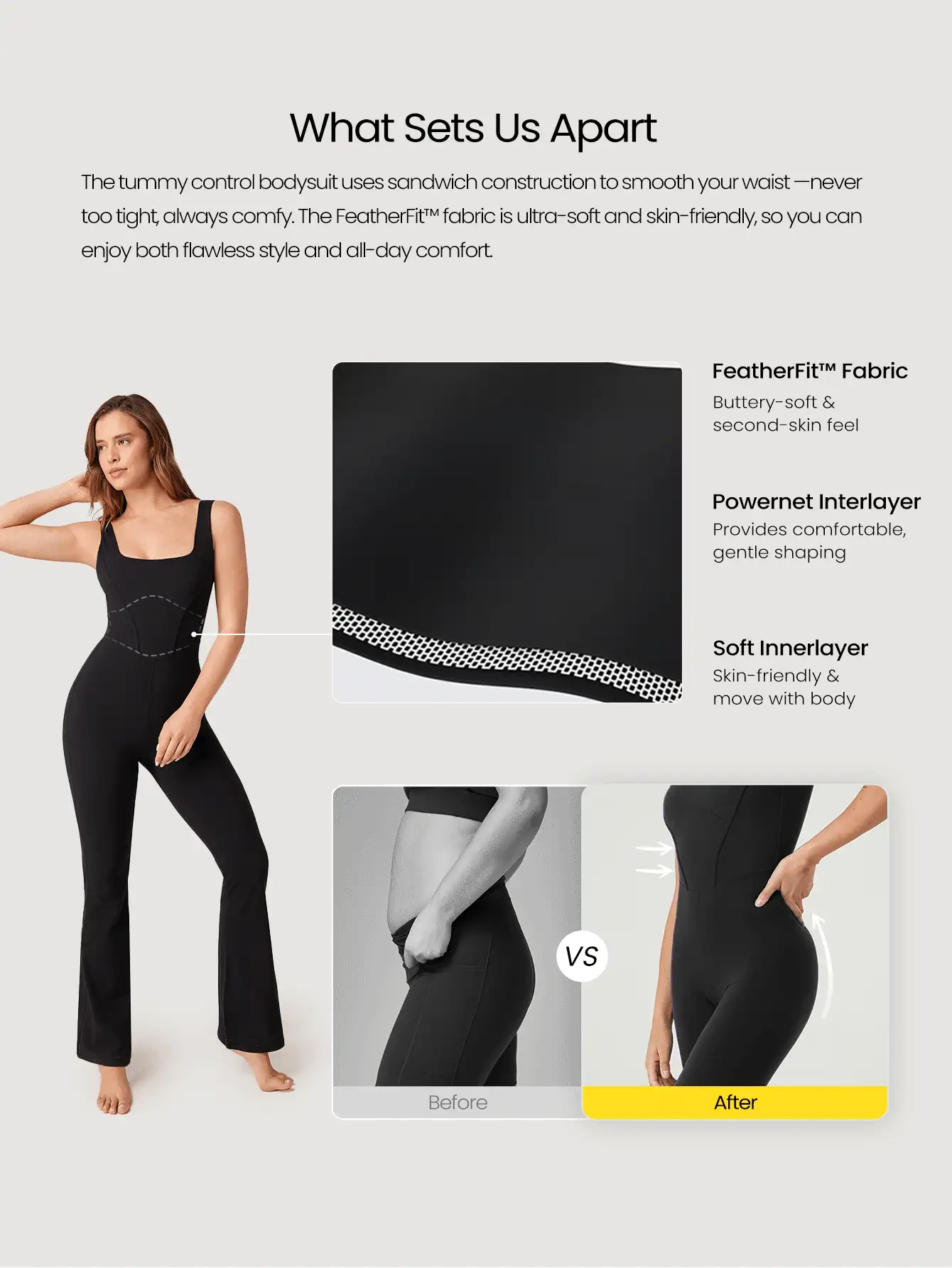 GLOWMODE 31 英寸 FeatherFit™ 收腹 U 型背部方领喇叭连体裤 低冲击瑜伽日常可拆卸罩杯